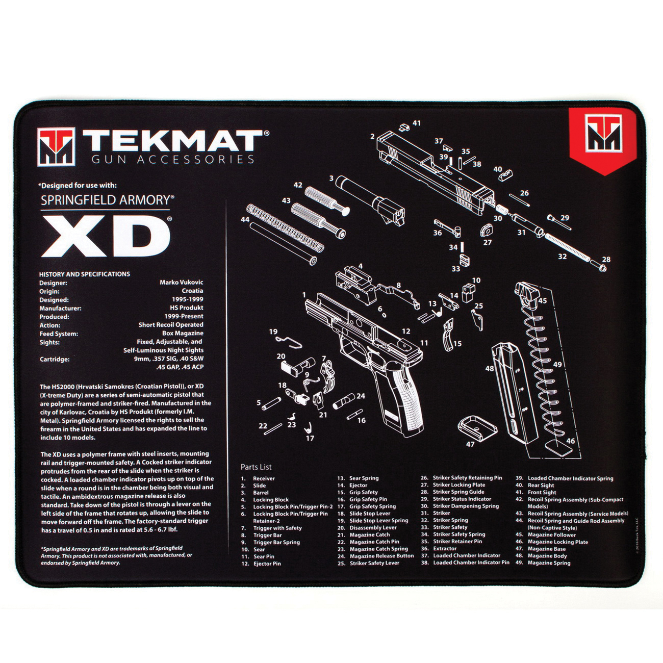 TekMat Springfield Armory XD Ultra Premium Gun Cleaning Mat, 20" W x 15" Hx 0.25" T, Black/White - 20-XD - Tekmat