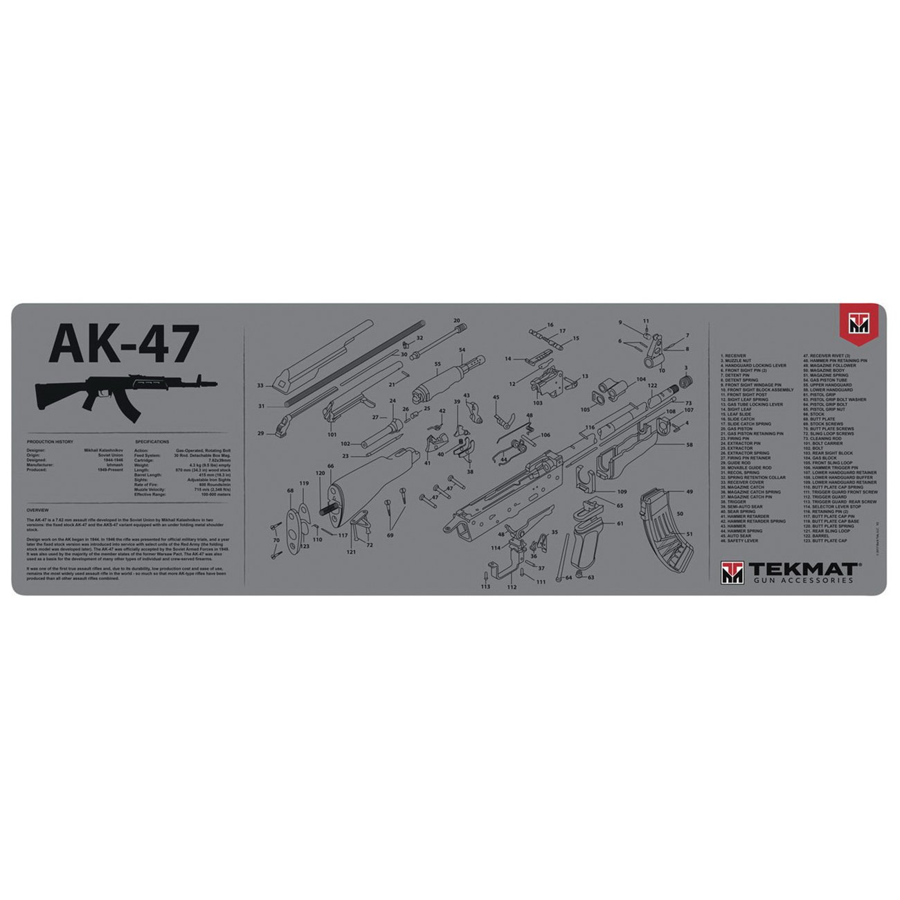 TekMat AK-47 Gun Cleaning Mat, 36" W x 12" H x 0.125" T, Gray - R36-AK47-GY - Tekmat