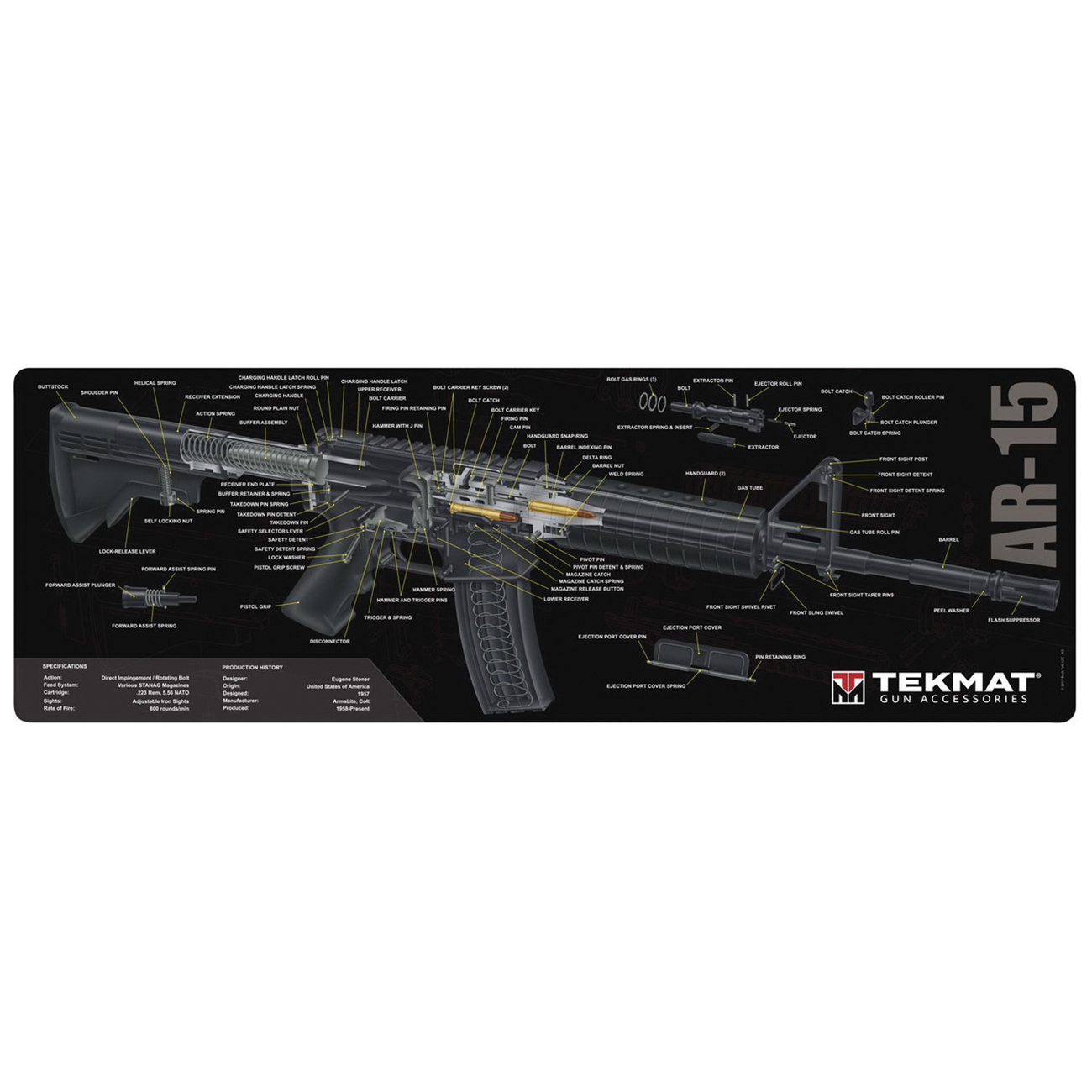 TekMat AR-15 3D Cutaway Gun Cleaning Mat, 36" W x 12" H x 0.125" T, Multi-Color - R36-AR15-CA - Tekmat