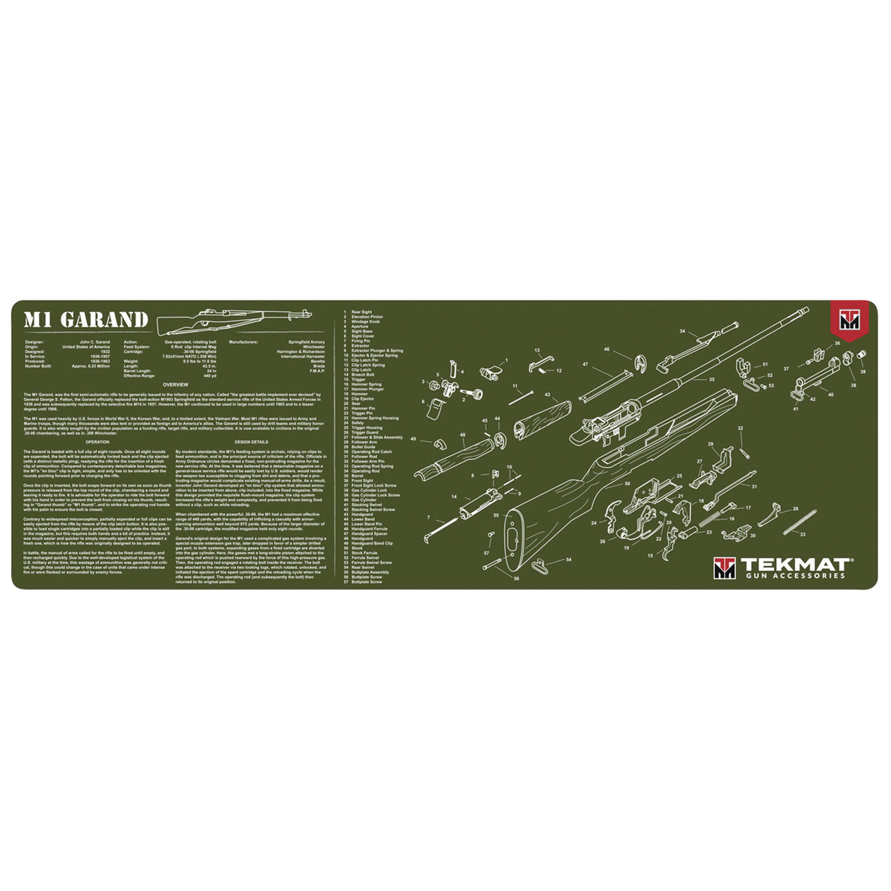 TekMat M1 Garand OD Gun Cleaning Mat, 17" W x 11" H x 0.125" T, Olive Drab Green - R36-M1GARAND - Tekmat