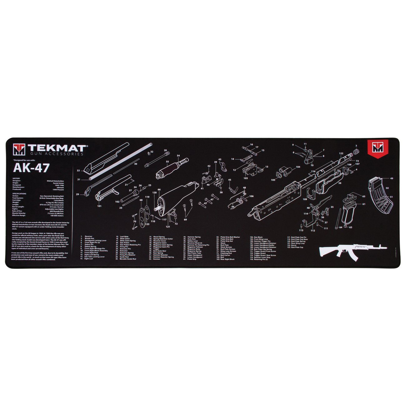 TekMat AK47 Ultra Premium Gun Cleaning Mat, 44" W x 15" Hx 0.25" T, Black/White - R44-AK47