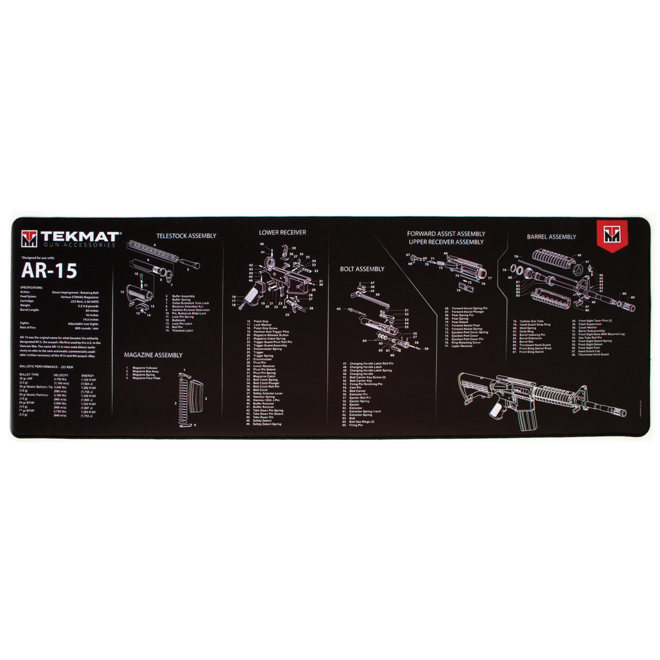 TekMat AR-15 Ultra Premium Gun Cleaning Mat, 44" W x 15" Hx 0.25" T, Black/White - R44-AR15 - Tekmat