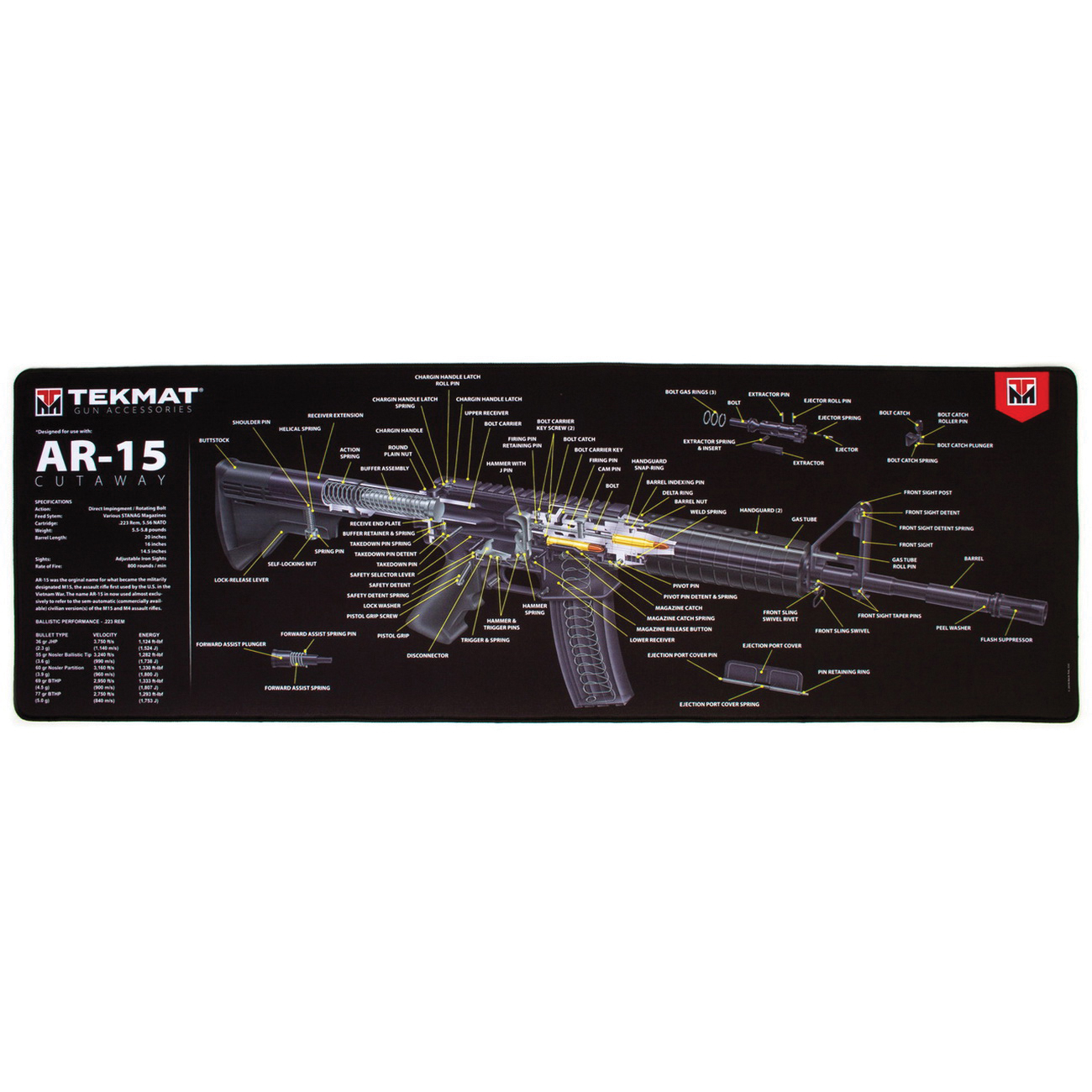 TekMat AR-15 Cutaway Ultra Premium Gun Cleaning Mat, 44" W x 15" Hx 0.25" T, Multi-Color - R44-AR15-CA