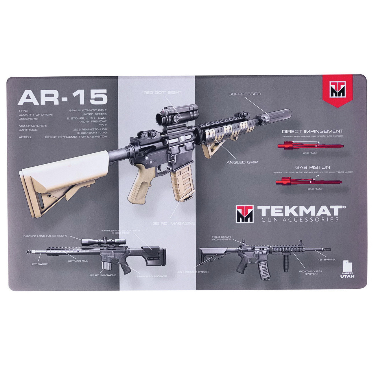 TekMat AR-15 Ultra Premium Weapons Platform Design Gun Cleaning Mat, 44" W x 15" Hx 0.25" T, Multi-Color - R44-AR15-WPD