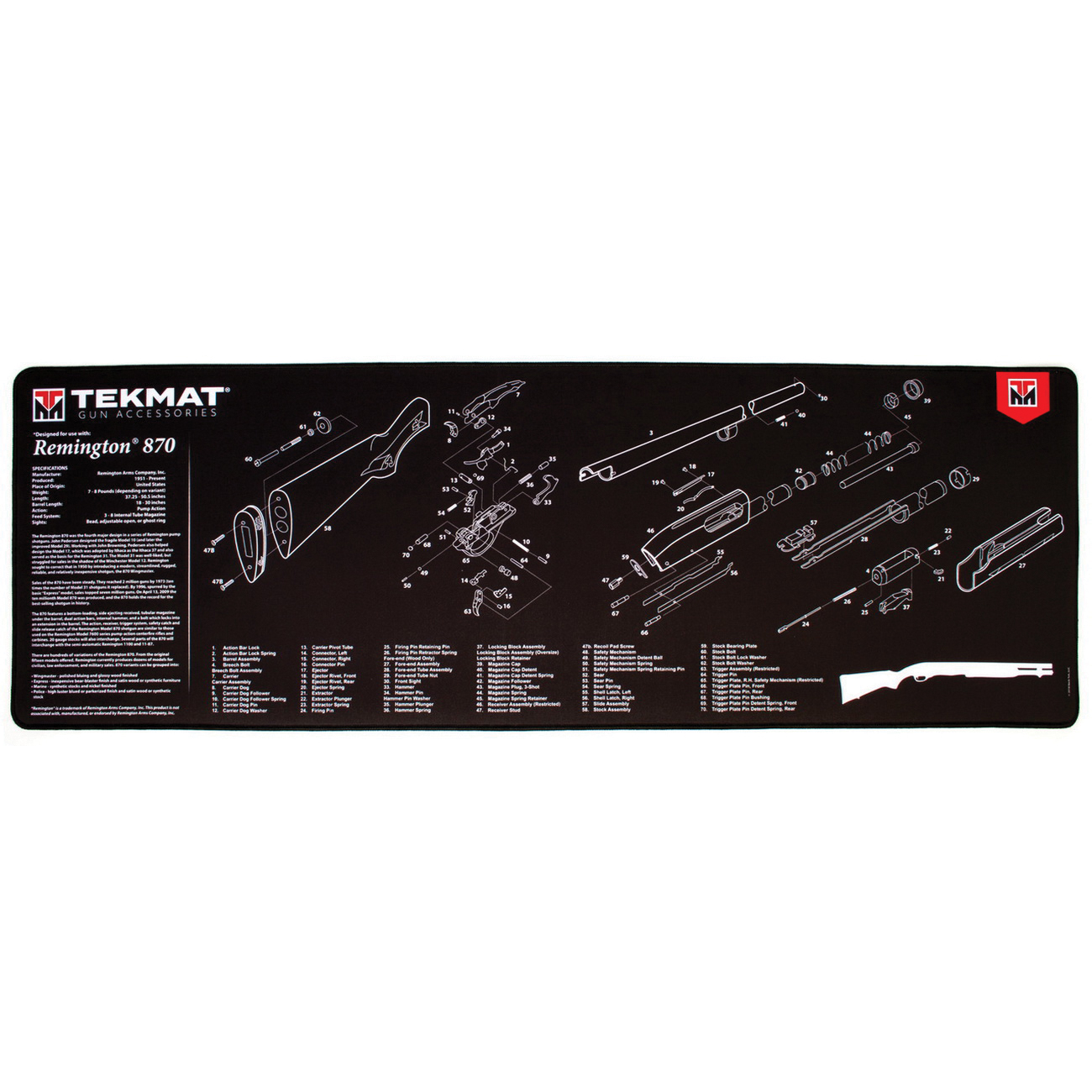 TekMat Remington 870 Ultra Premium Gun Cleaning Mat, 44" W x 15" Hx 0.25" T, Black/White - R44-REM-870 - Tekmat