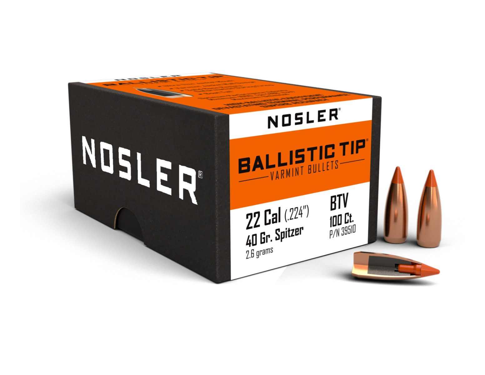 Nosler 22 Caliber (.223) 40 Grain Ballistic Tip Varmint Spitzer Projectile, Box of 100 - 39510
