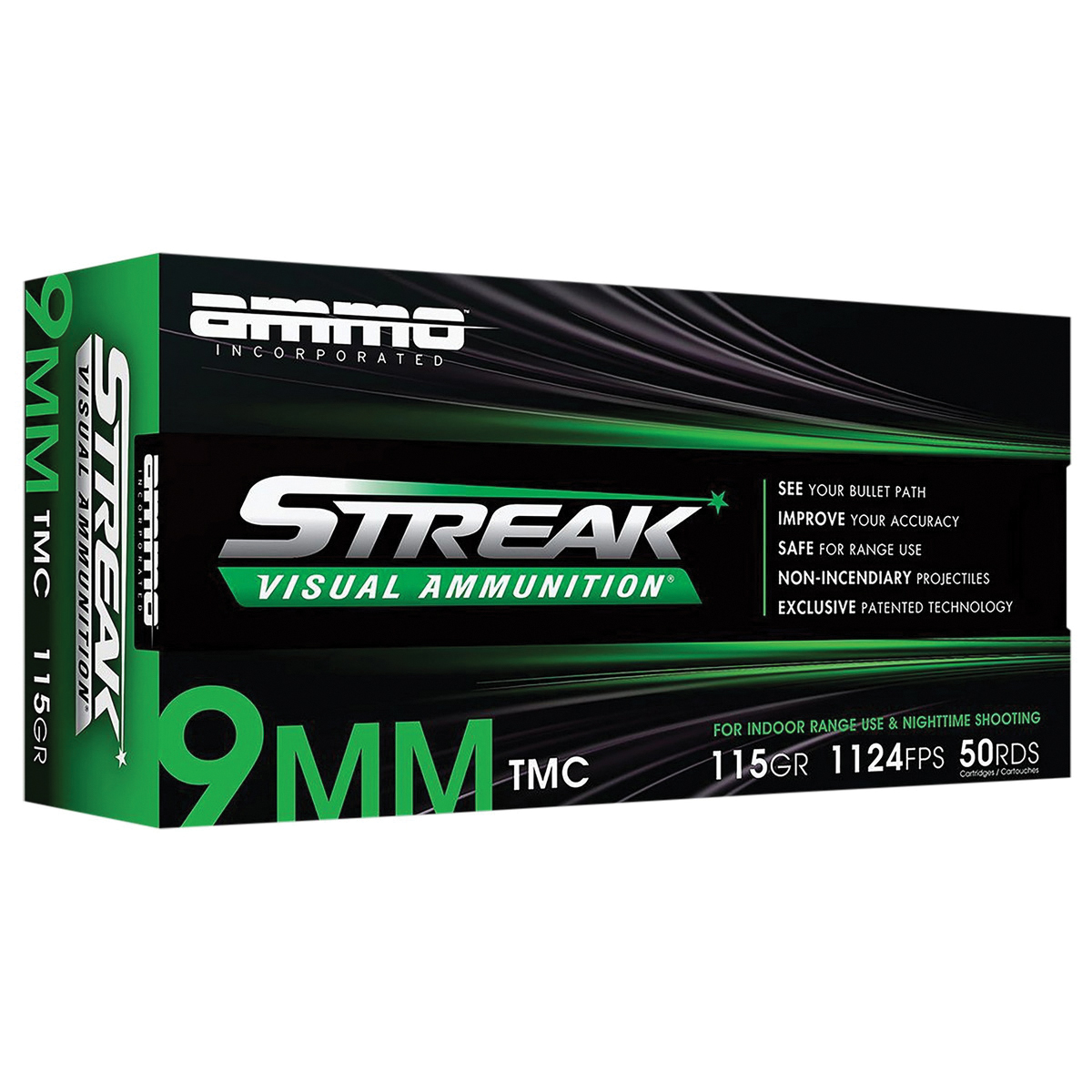 Ammo Inc Streak 9mm 115 gr TMC 50rds - 9115TMCSTRKGRN50 - Ammo Inc
