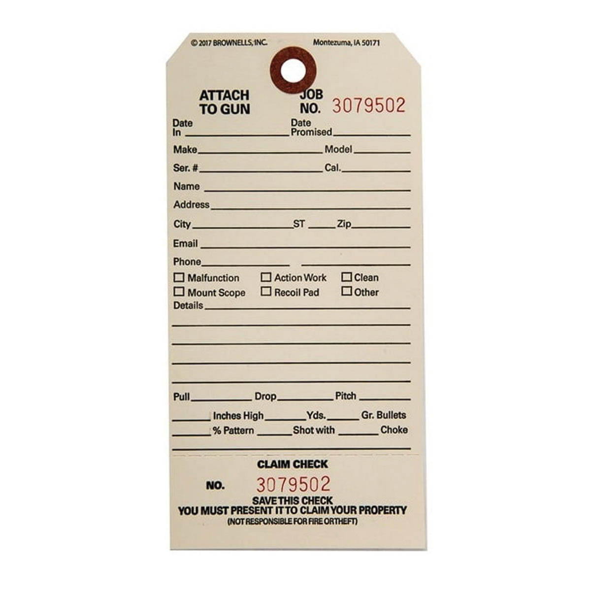 Brownells 6.25" x 3.13" CC-1 Single Stub Claim Check, Off-White Pack of 100