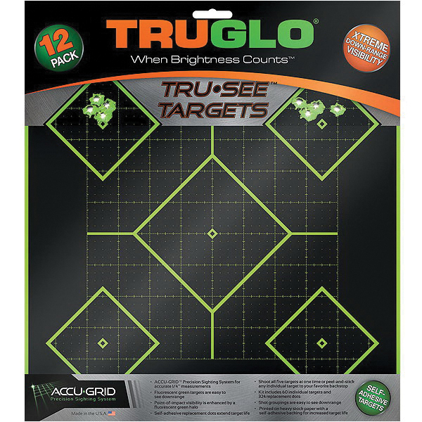 TruGlo Tru See 12" x 12" Self-Adhesive 5-Diamond Target, Fluorescent Green/Black, 12/pack - TG14A12 - Truglo