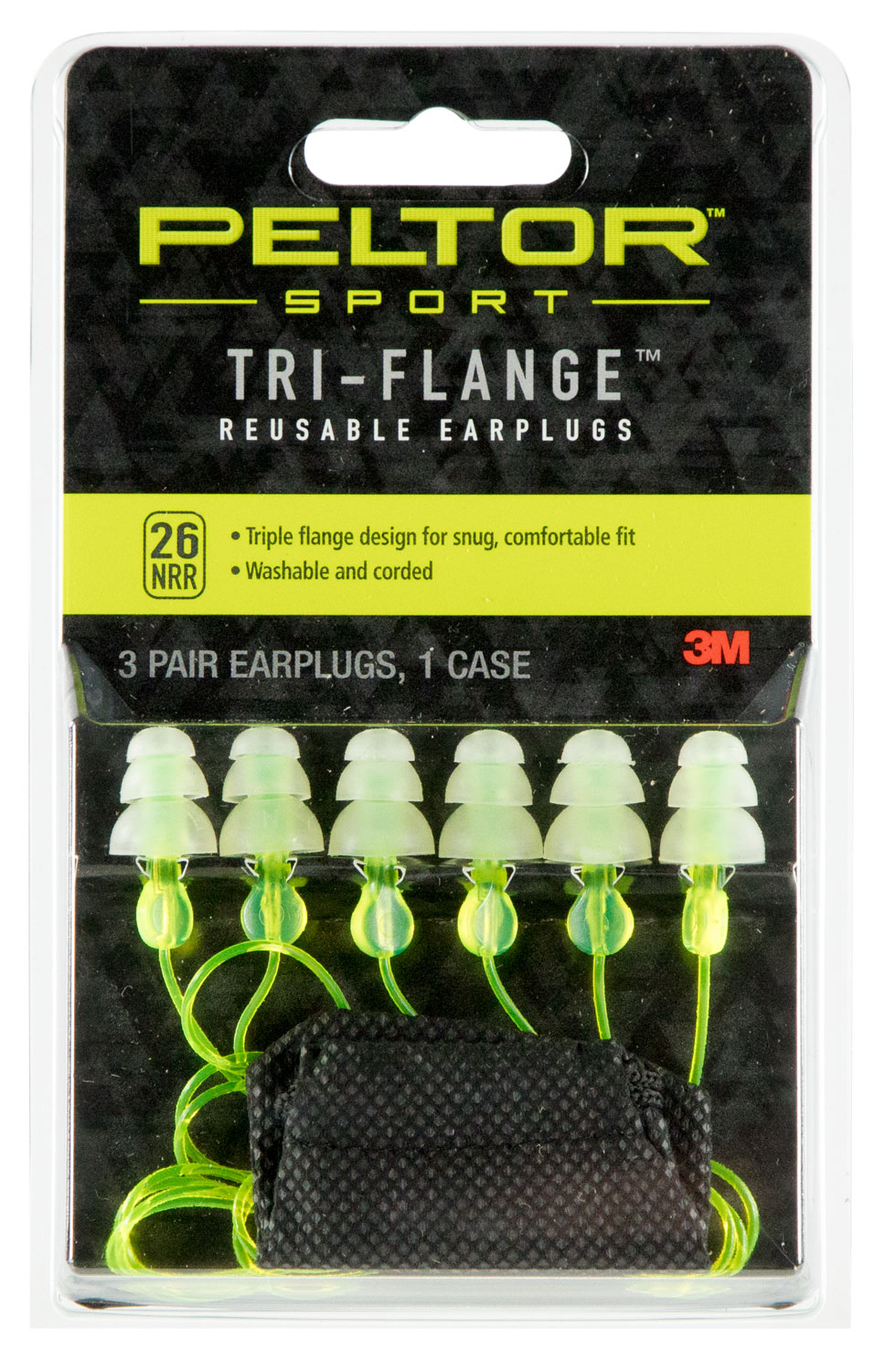 3M Peltor Sport Tri-Flange 26 dB Reusable Tri-Flange Corded Ear Plug, Yellow, 3 Pair/pack - 97317 - 3M Peltor