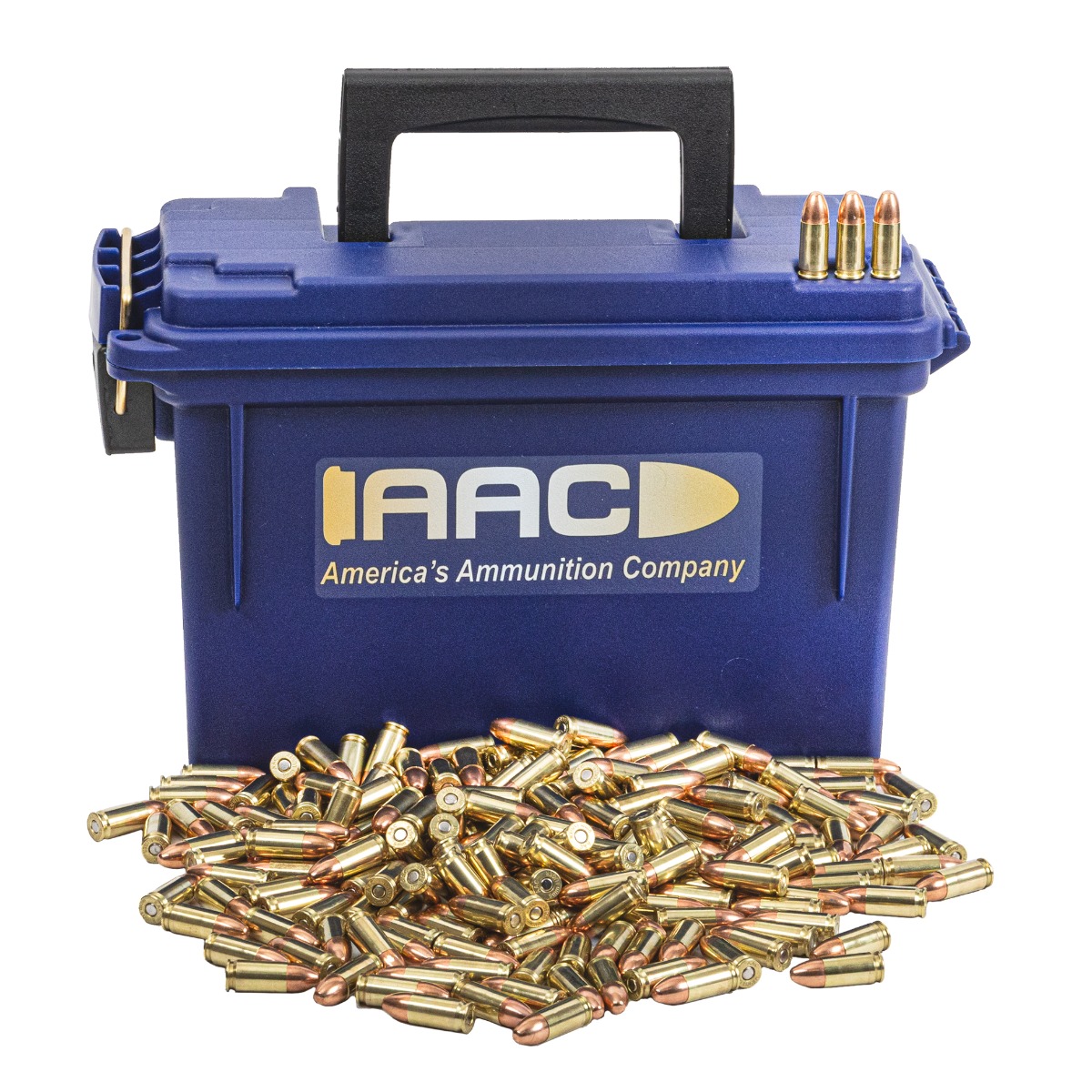 AAC 9mm Ammo 124 Grain FMJ 500rd With AAC Blue 30 Cal Ammo Can