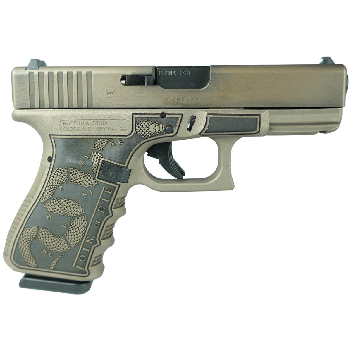 Glock G19 Gen 3 Custom Revolution Engraved Colonial Brown Compact 9mm 4.02" 15rds, Colonial Brown
