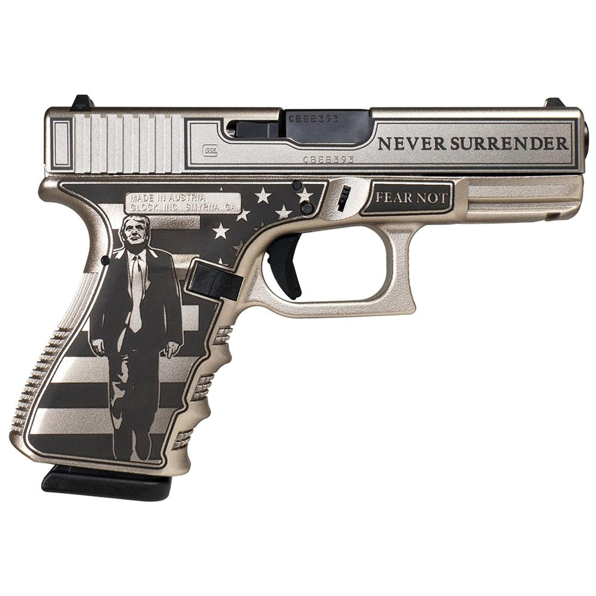 Glock G19 Gen3 Custom Trump Fight Compact 9mm 4.02" 15rds, Silver - Glock