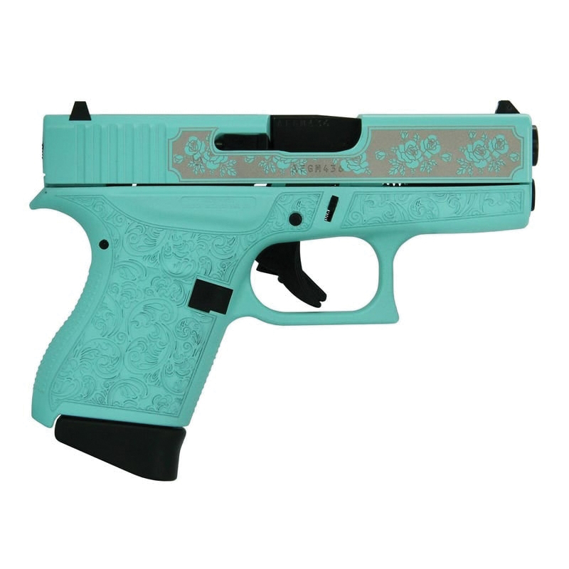 Glock G43 Gen4 Custom Robin's Egg Blue Glock & Roses Subcompact 9mm 3.41" 6rds, Robin's Egg Blue - Glock
