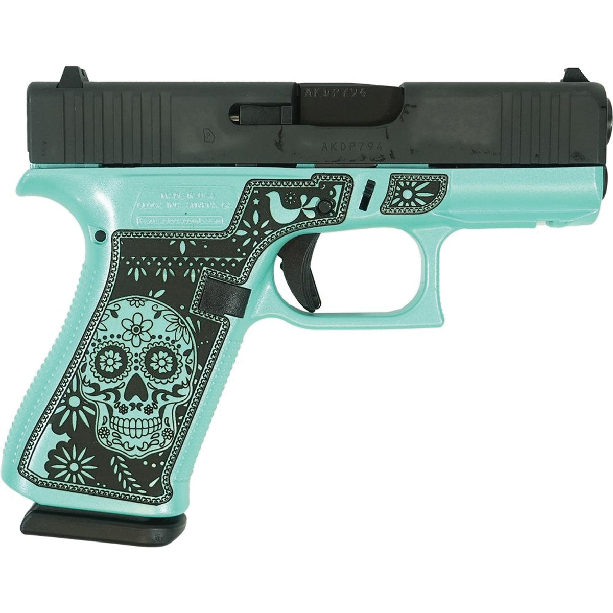 Glock G43X Sugar Skull Glitter Subcompact 9mm 3.41" 10rds, Robin's Egg Blue - Glock