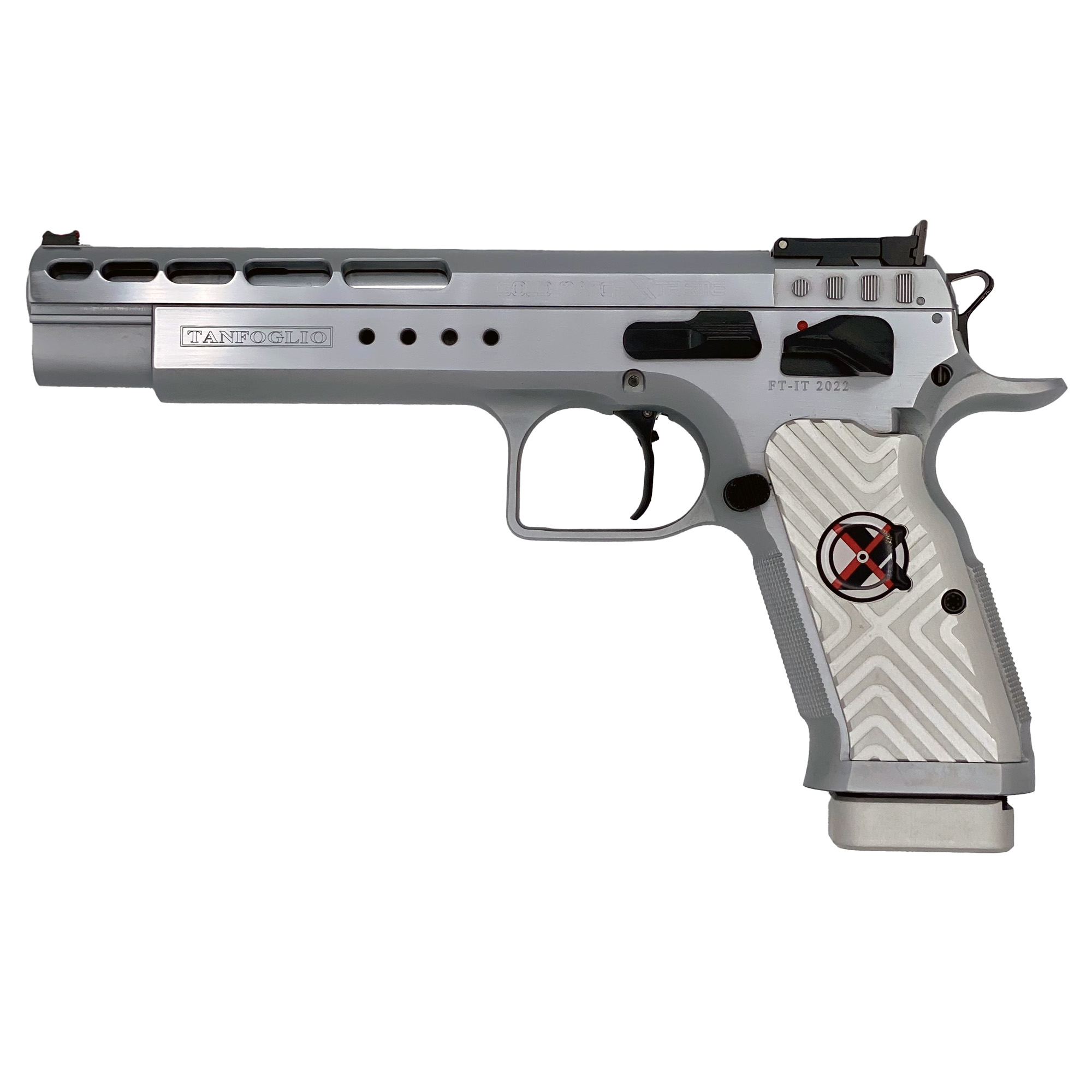 Tanfoglio Gold Match 9mm Pistol, 6" Barrel, Adjustable Sights, Silver - TFGOLDMX9 - Tanfoglio