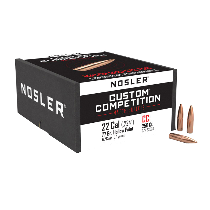 Nosler Custom Competition .22 Cal JHPBT Rifle Bullet, 77 gr 0.224" 250rds - Nosler