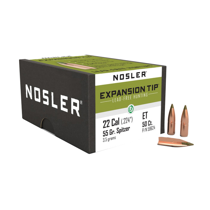 Nosler Expansion Tip .22 Cal CBTPT Rifle Bullet, 55 gr 0.224" 50rds - Nosler