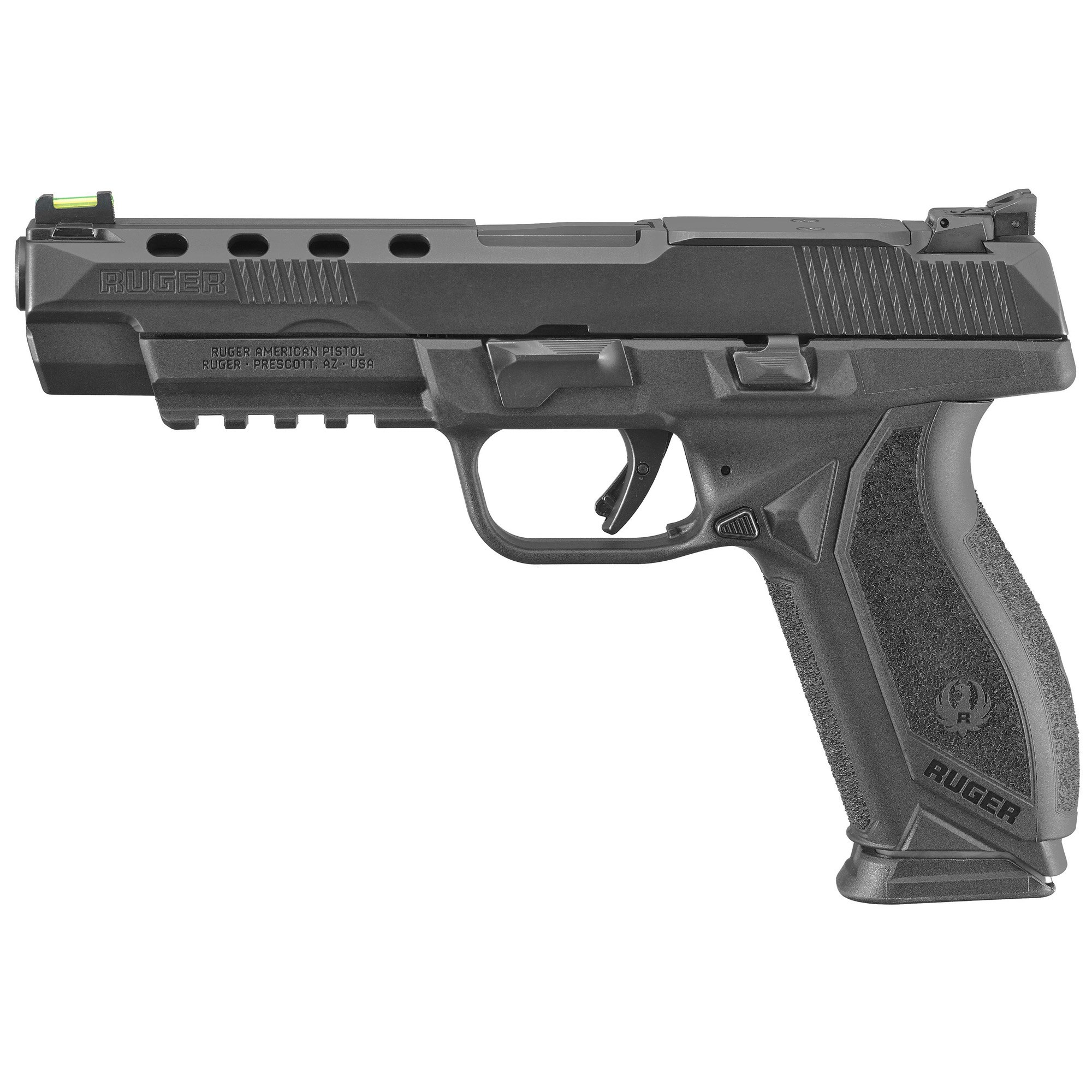 Ruger American 9mm Pistol, 5" Barrel, Adjustable Fiber Optic Sights, Black - 8672 - Ruger