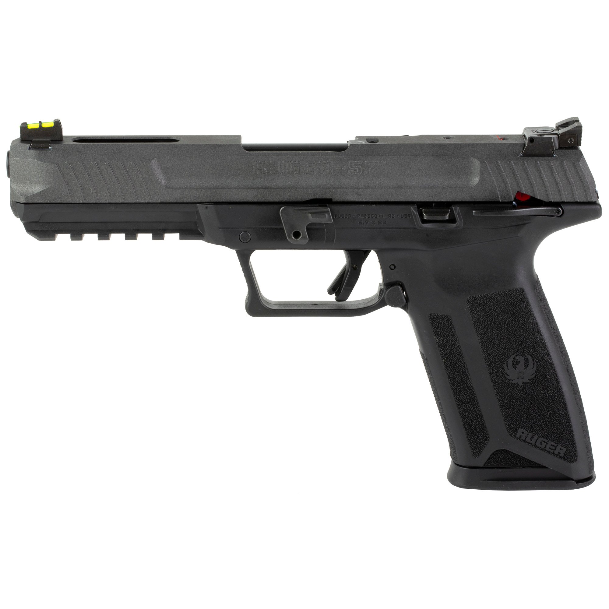 Ruger 57 5.7x28mm Pistol, 4.94" Barrel, Adjustable Fiber Optic Sights, Cobalt, Black - 16407 - Ruger