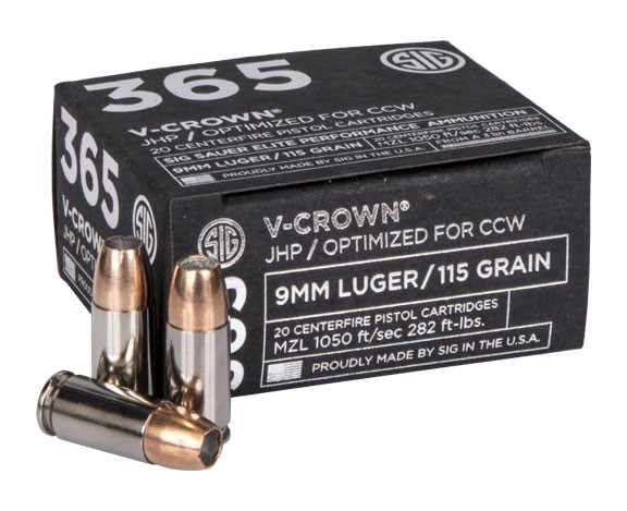 Sig Sauer 365 9mm 115gr Elite V-Crown JHP Ammunition,  20 Rounds - E9MMA1-365-20 - Sig Sauer