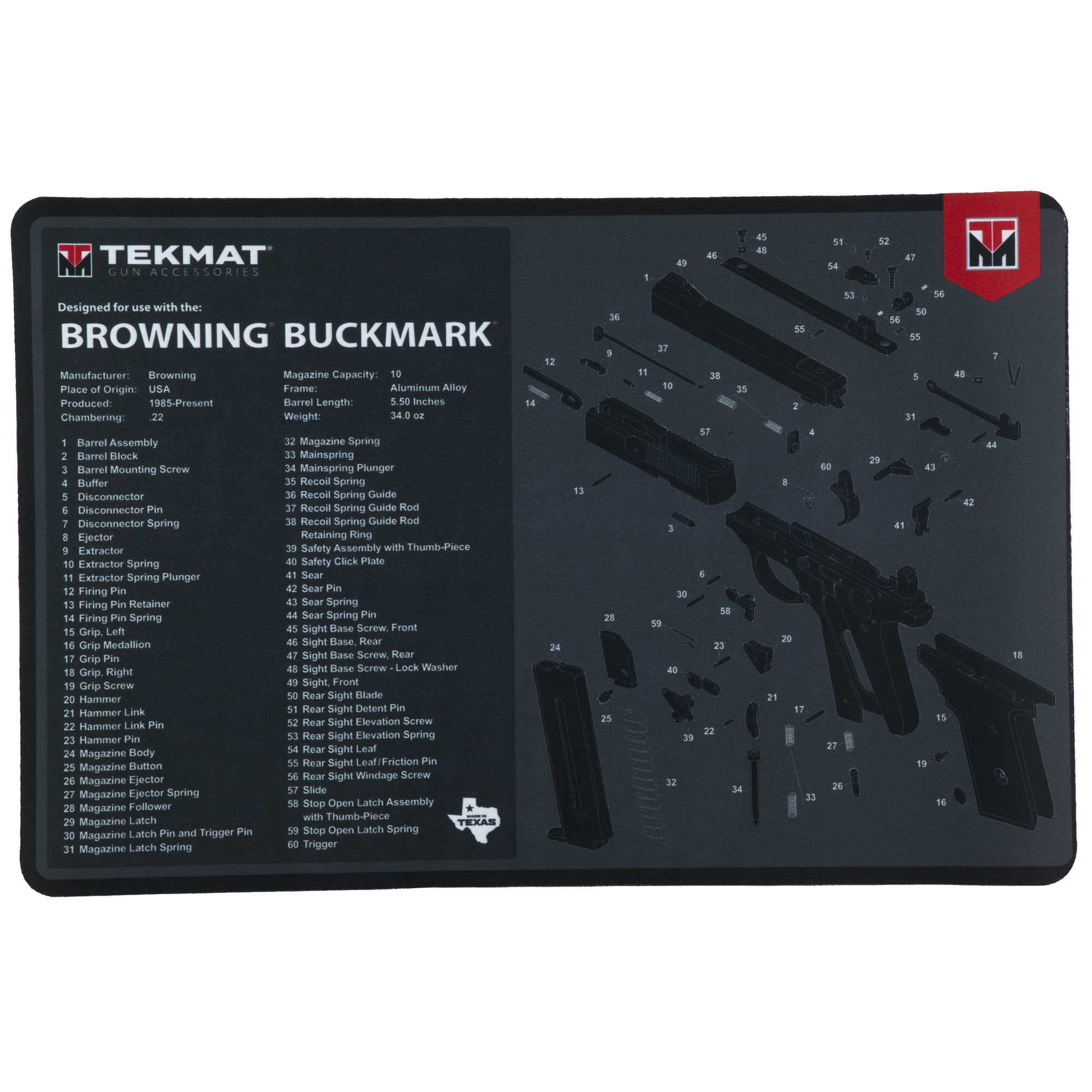TekMat Cleaning Mat, Pistol Size, 11"x17", For Browning Buck Mark, Black - Tekmat