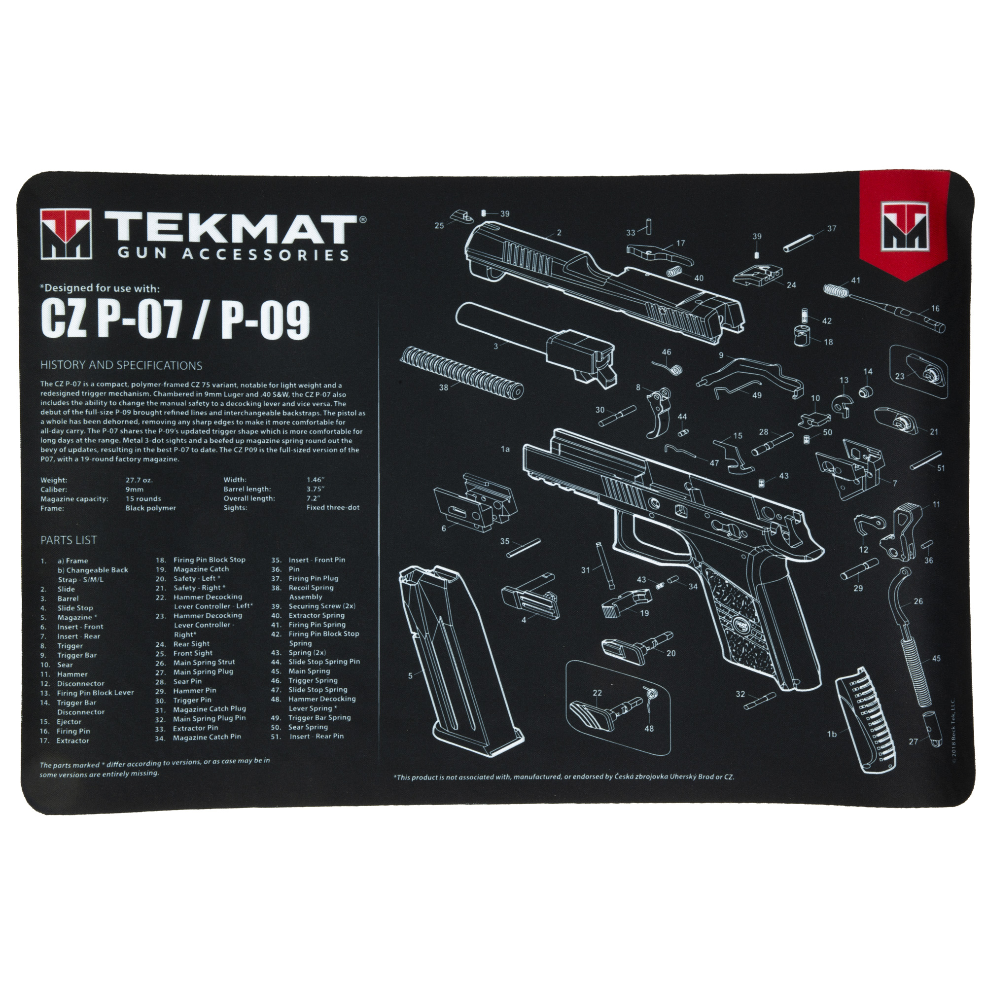 TekMat Cleaning Mat, Pistol Size, 11"x17", For CZ P07/P09, Black - Tekmat