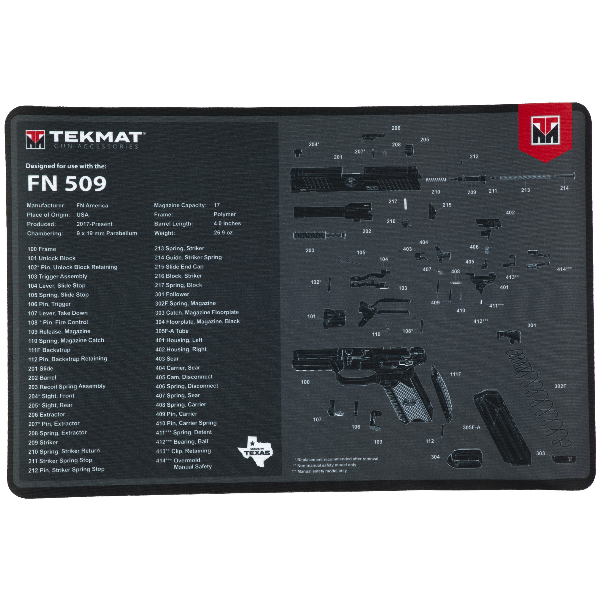 TekMat Cleaning Mat, Pistol Size, 11"x17", For FN 509, Black - Tekmat