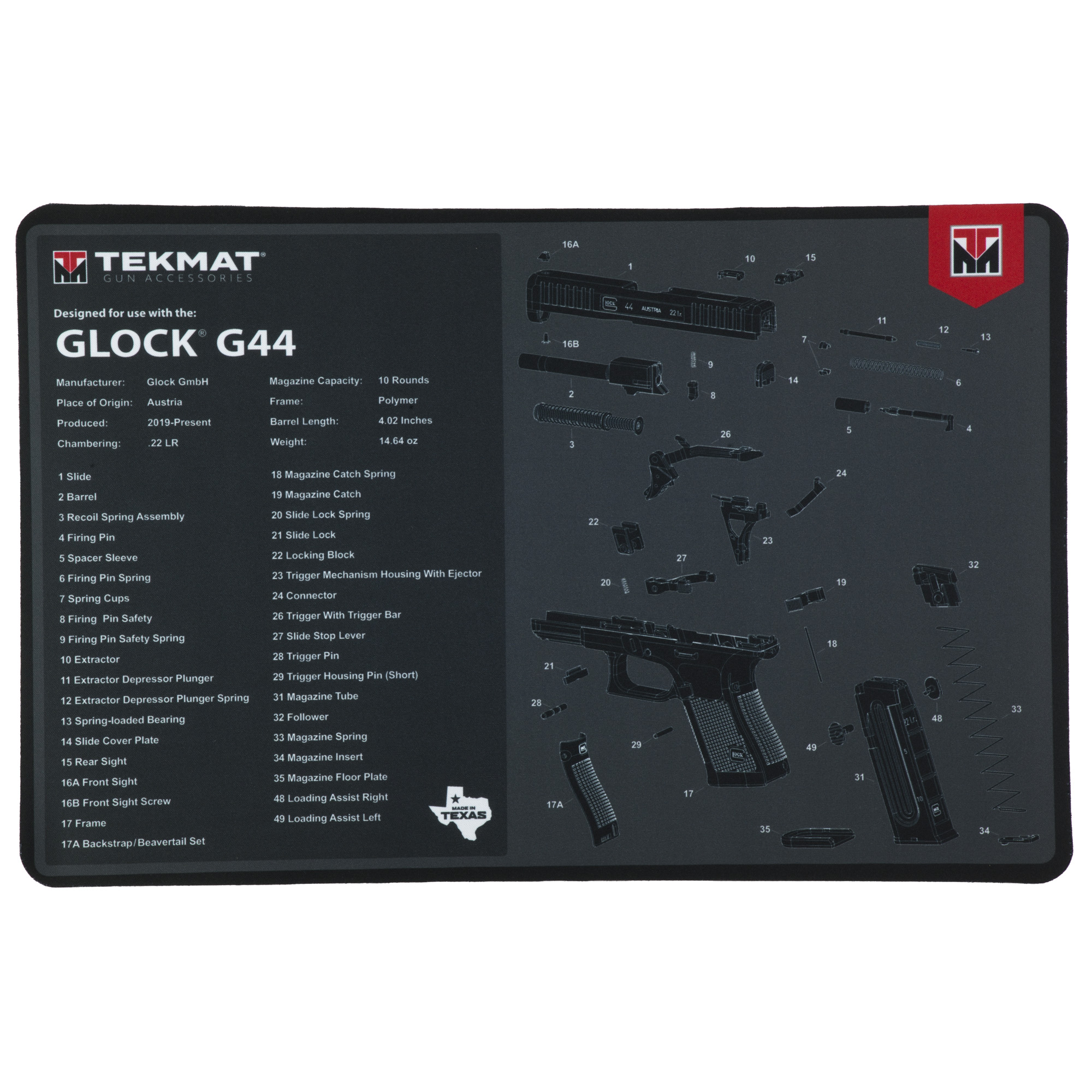 TekMat Cleaning Mat, Pistol Size, 11"x17", For Glock 44, Black