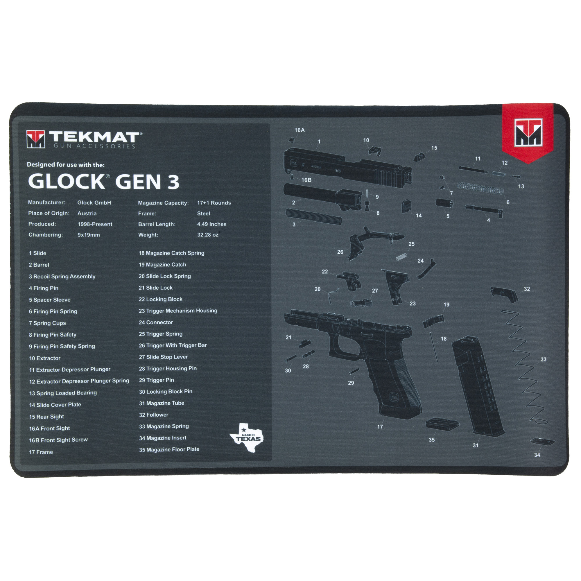 TekMat Original 11"x17" Mat, for Glock Gen 3, Black Cleaning Mat - TEKR17GLOCKG3 - Tekmat