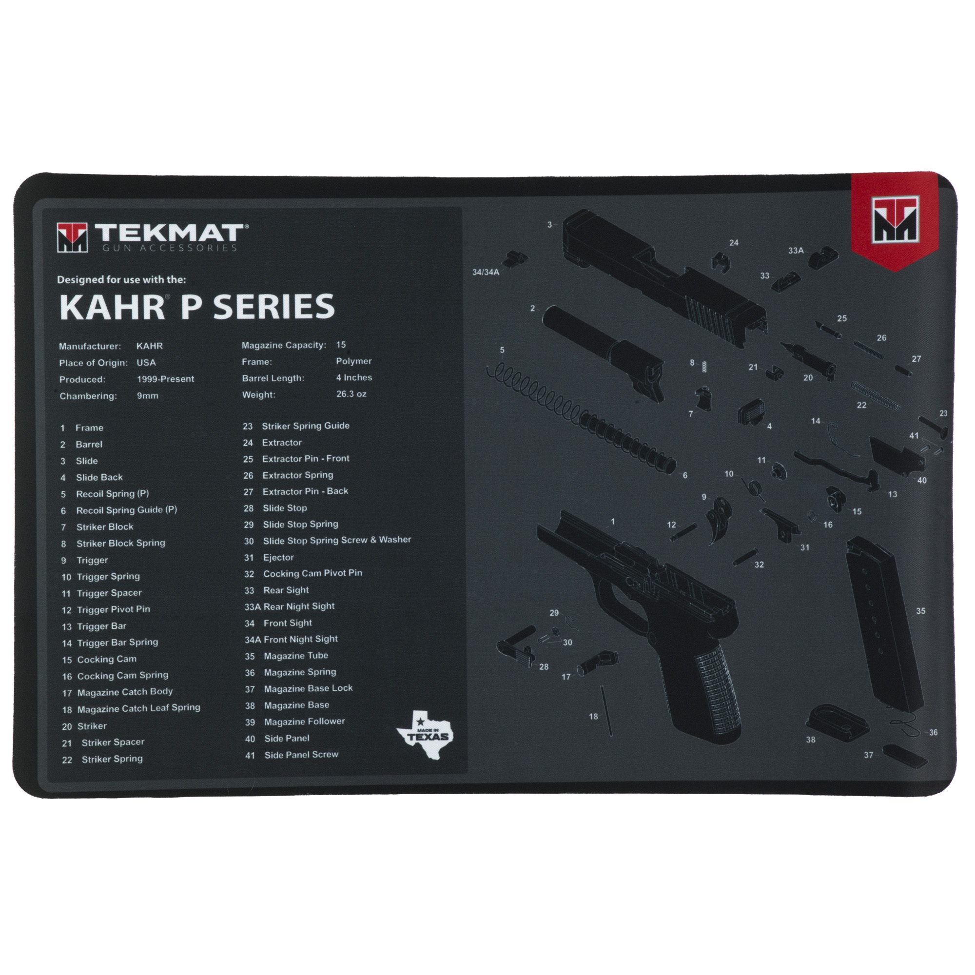 TekMat Cleaning Mat, Pistol Size, 11"x17", For Kahr P Series, Black - Tekmat