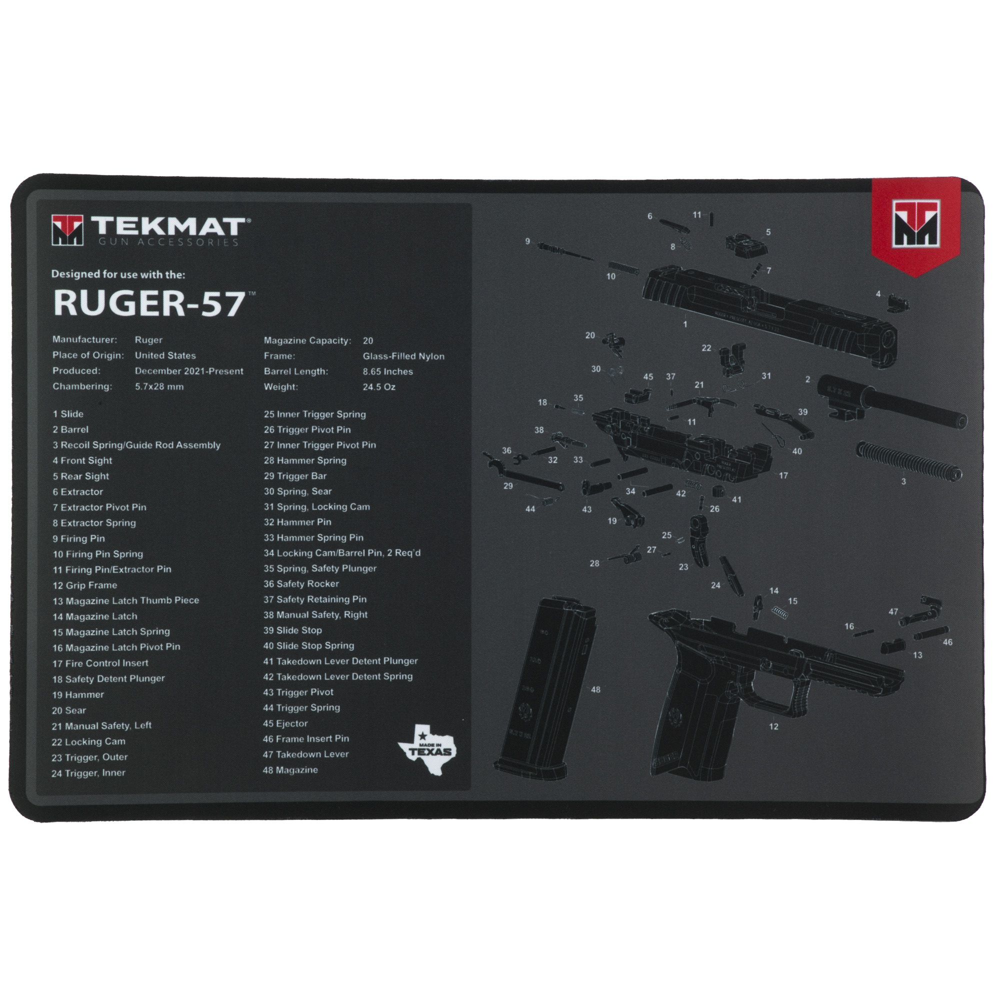 TekMat Cleaning Mat, Pistol Size, 11"x17", For Ruger Five Seven, Black - TekMat