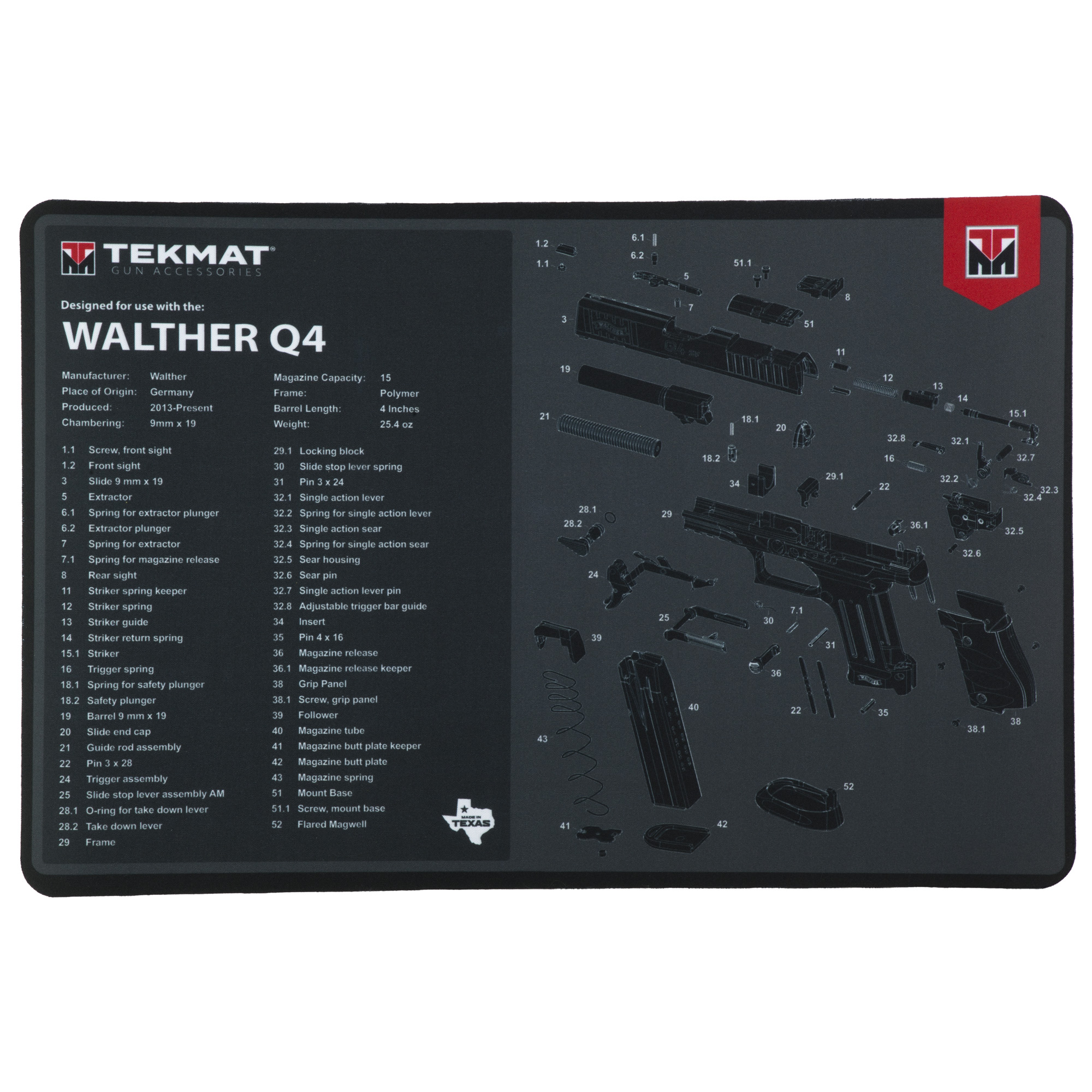 TekMat Cleaning Mat, Pistol Size, 11"x17", For Walther Q4 SF, Black - Tekmat