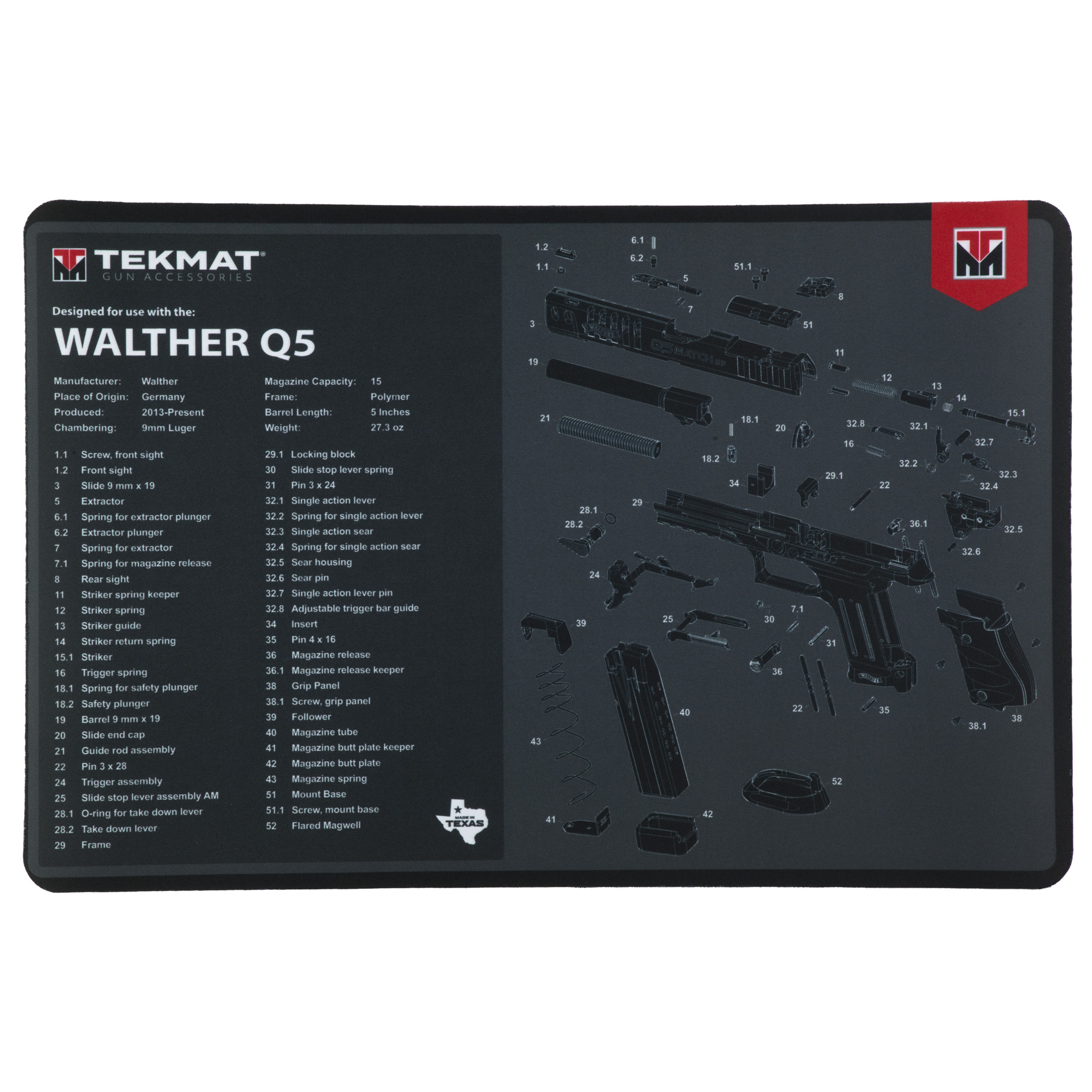 TekMat Cleaning Mat, Pistol Size, 11"x17", For Walther Q5 SF, Black - Tekmat