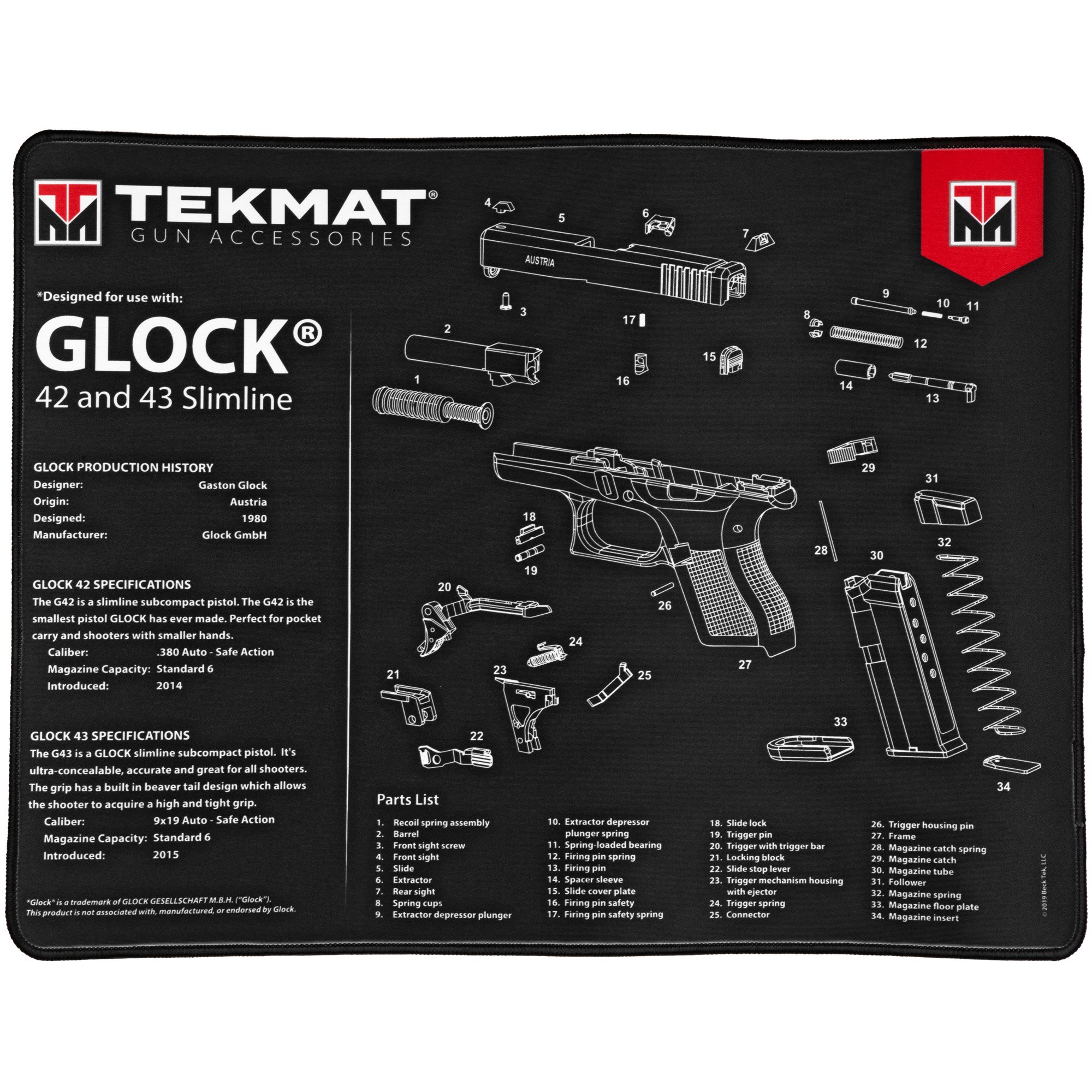 TekMat Ultra Mat, for Glock 42/43, 15"x20" Black Cleaning Mat - TEKR20GLOCK4243 - Tekmat