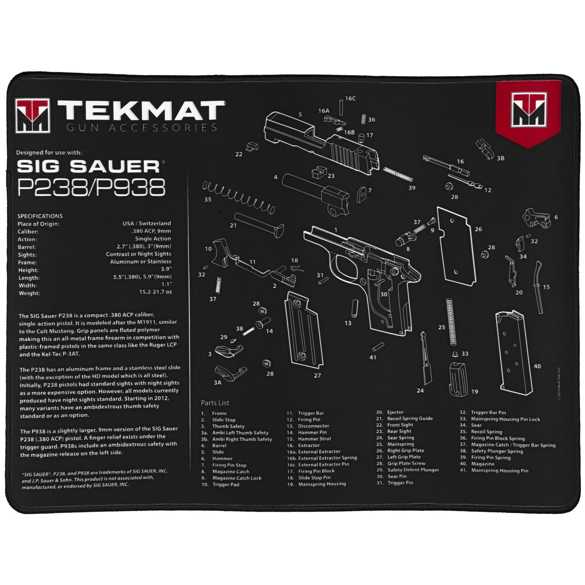 TekMat Ultra Mat, Sig Sauer P238, 15"x20" Black Cleaning Mat - TEKR20SIGP238 - Tekmat