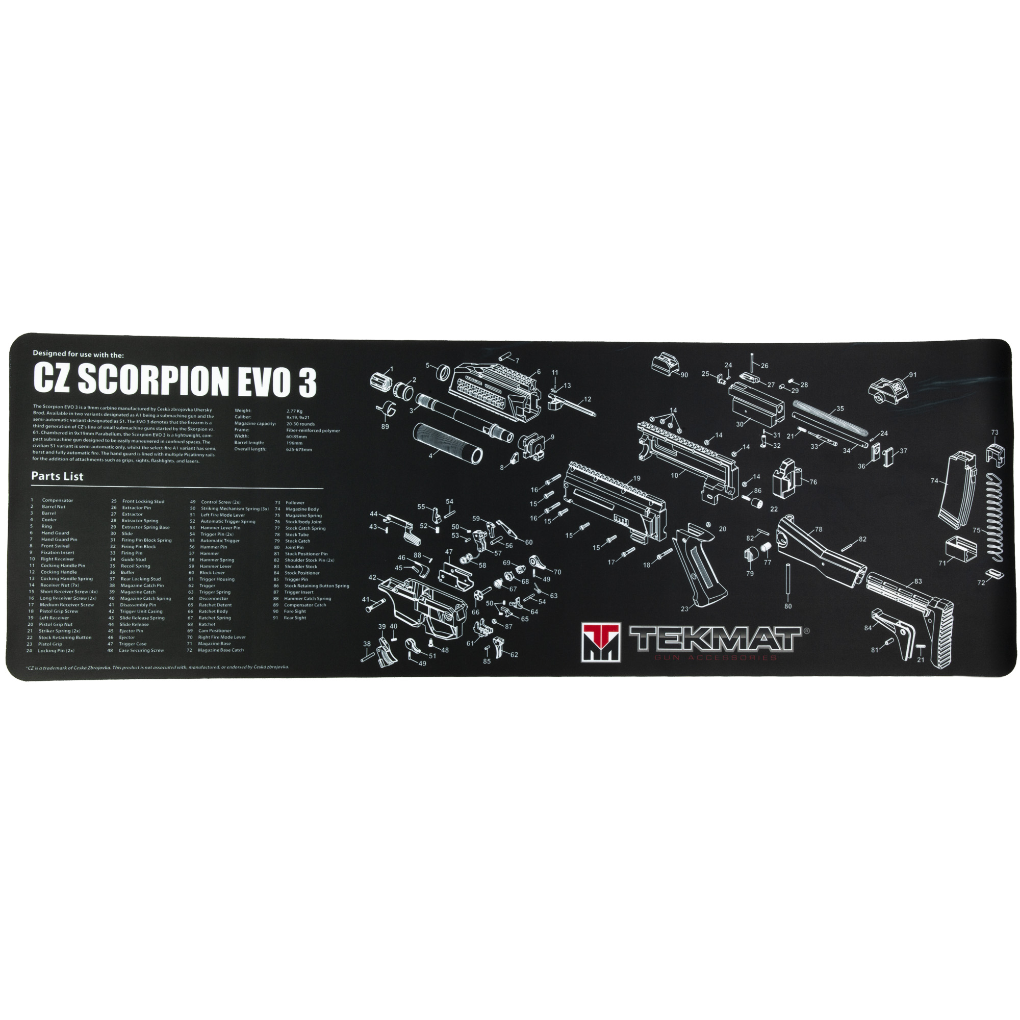 TekMat Cleaning Mat, Pistol Size, 12"x36", For CZ Scorpion, Black - Tekmat
