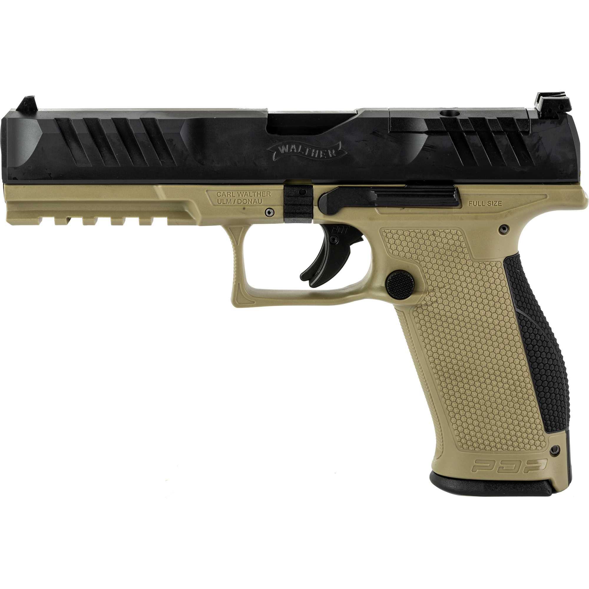 Walther PDP 9mm Pistol, 5" Barrel, Adjustable Rear Sights, Black, Flat Dark Earth - 2858410 - Walther