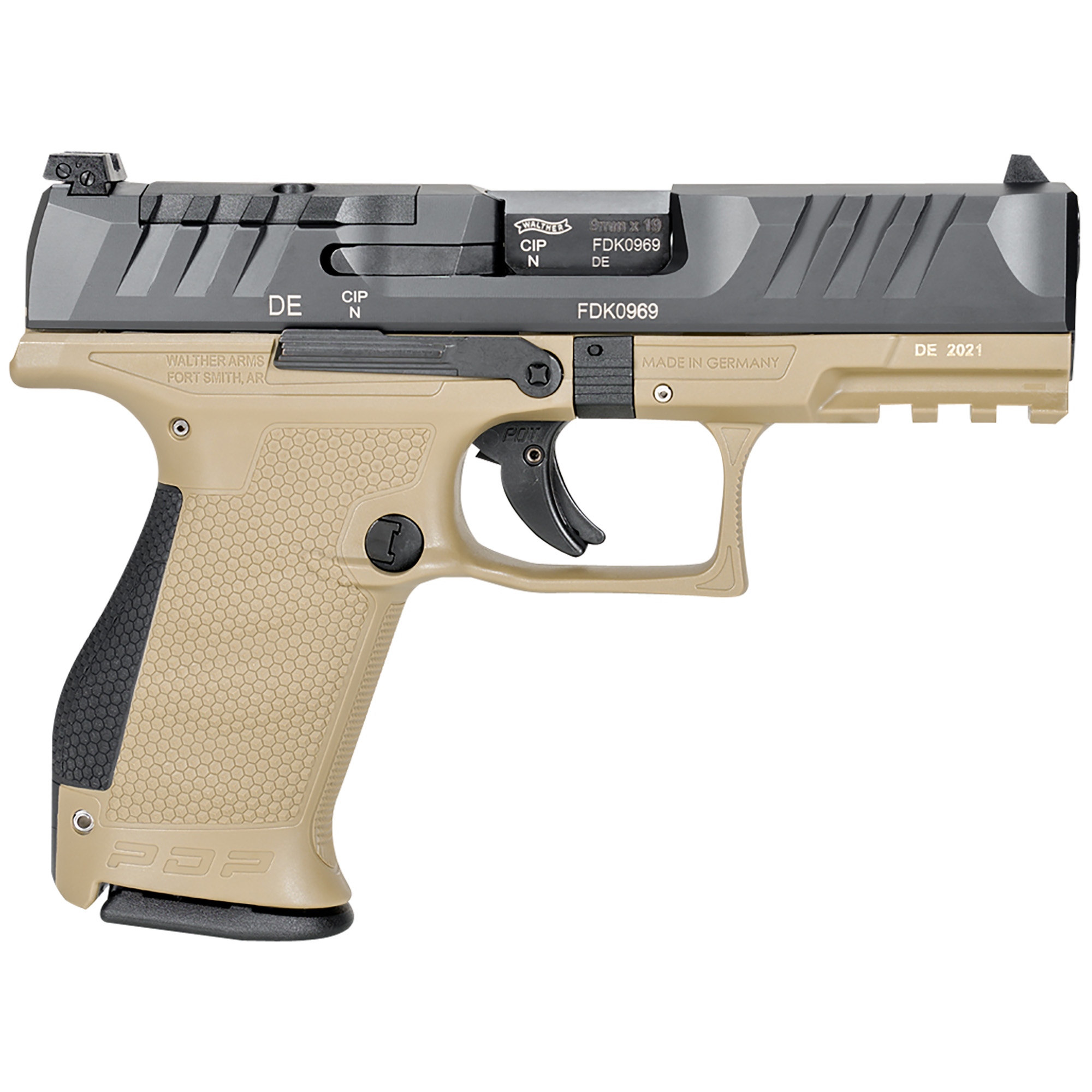 Walther PDP 9mm Pistol, 4" Barrel, Adjustable Sights, Black, Tan - 2858444 - Walther