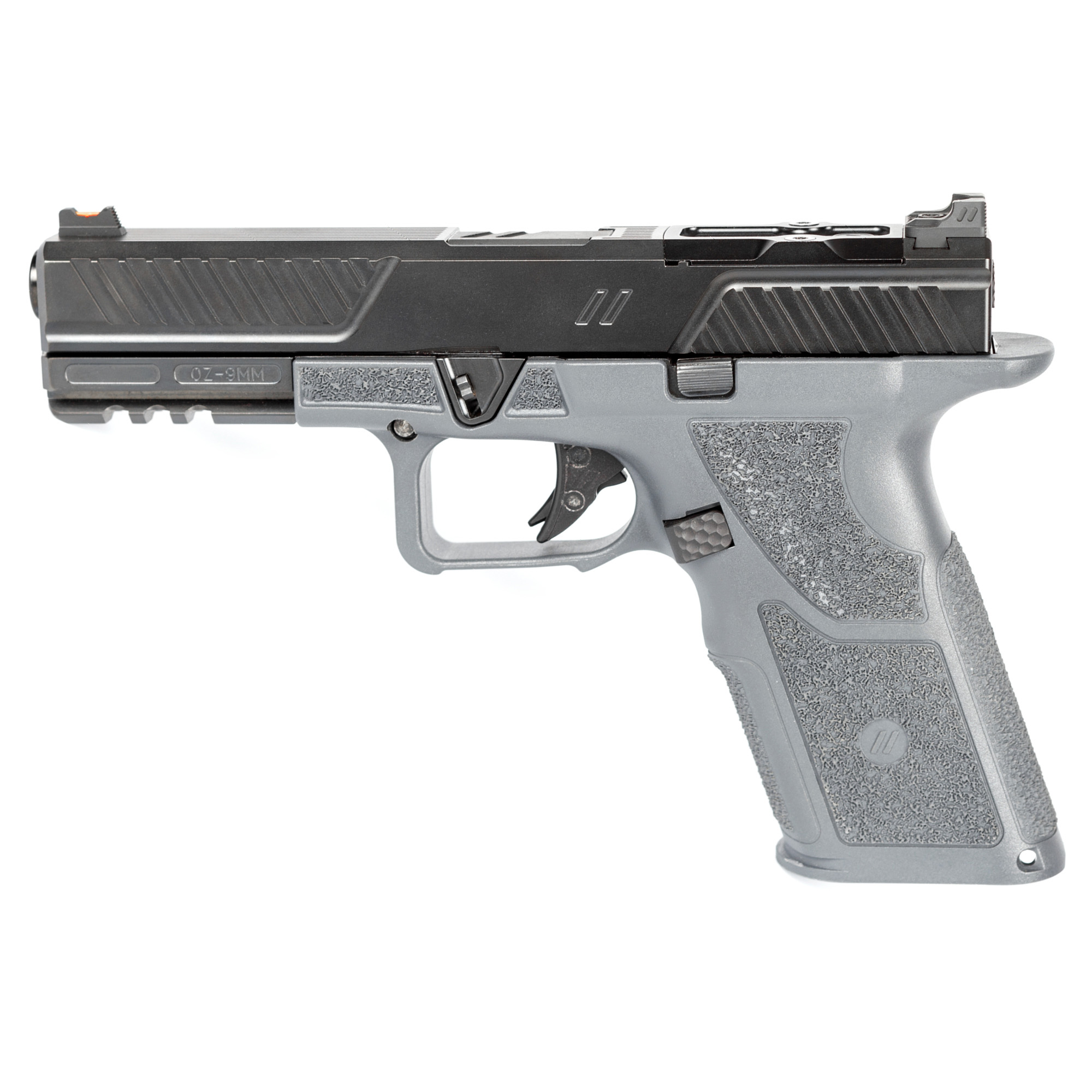 ZevTech OZ9 Compact 9mm Pistol, 4.16" Barrel, Fiber Optic Front Sights, Black/Gray - OZ9CCPTCOMG - Zevtech