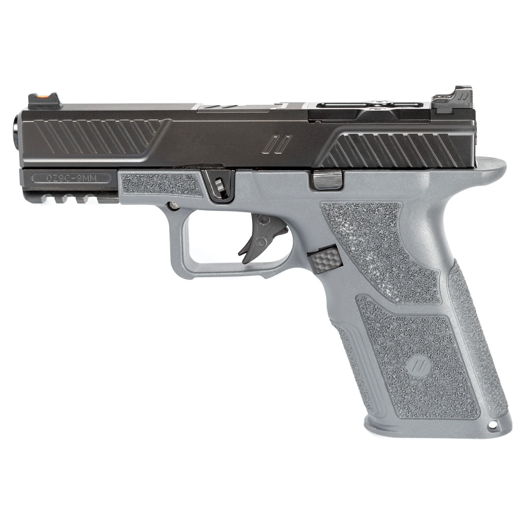 ZevTech OZ9 Compact 9mm Pistol, 4.16" Barrel, Fiber Optic Front Sights, Black/Gray - OZ9CXCPTCOMG - Zevtech