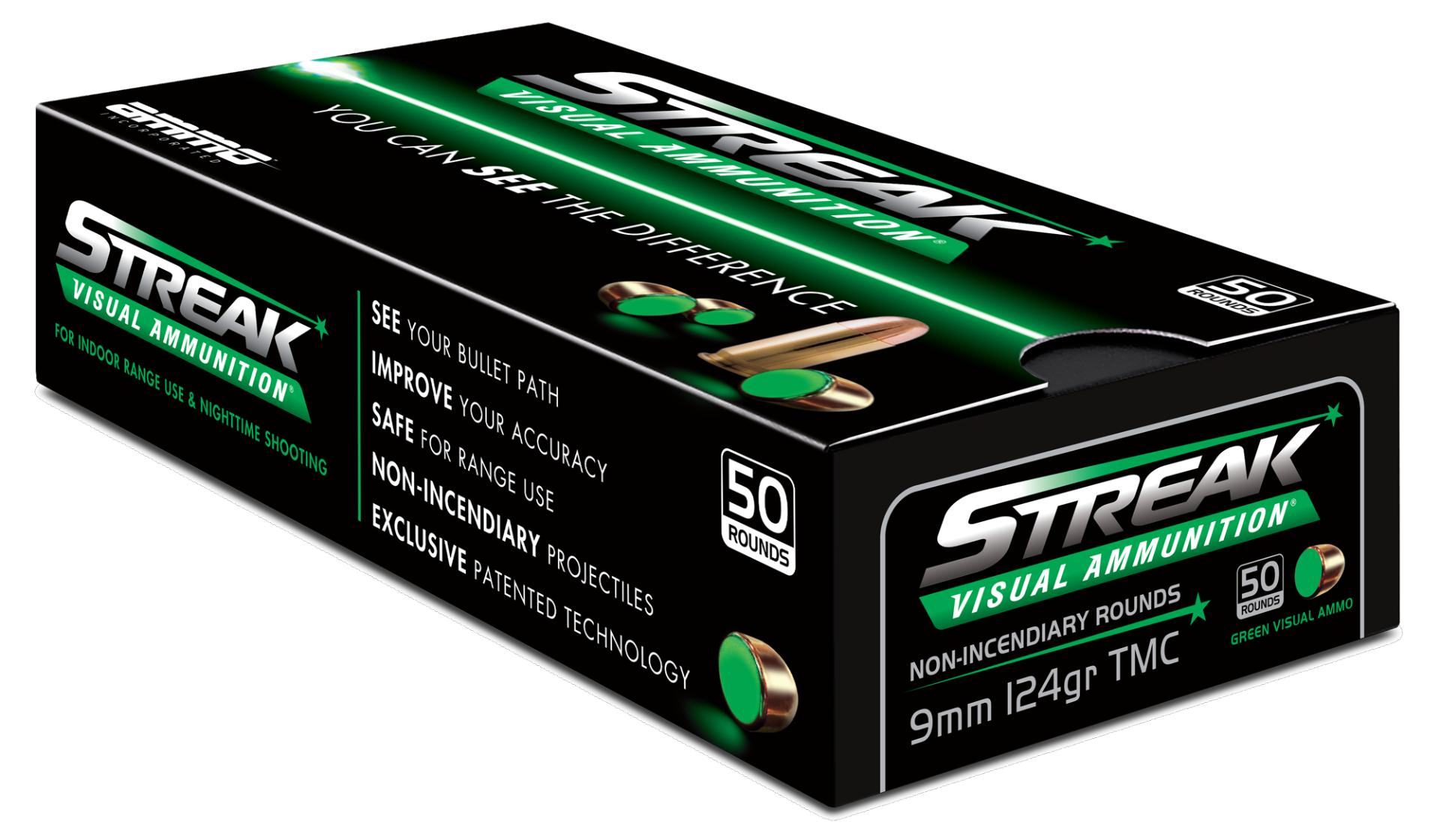 Ammo Inc STREAK Green 9mm Ammo 124 Grain TMC, 50rds - Ammo Inc
