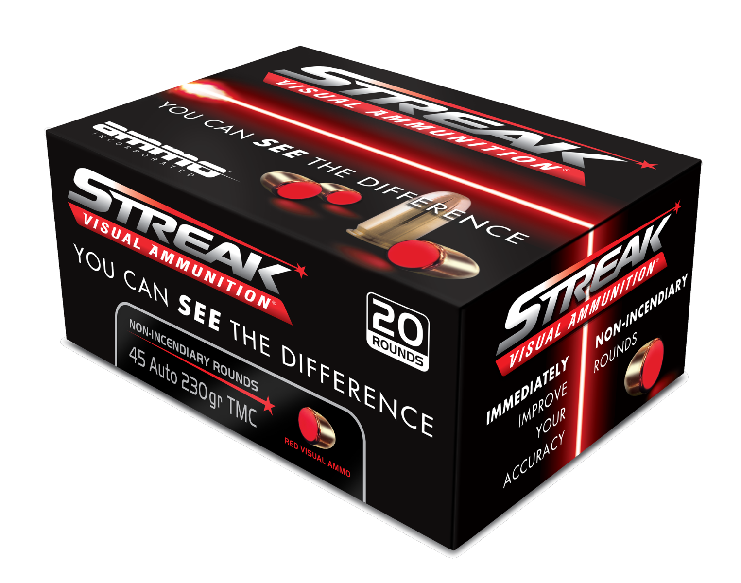 Ammo Inc STREAK Red .45 ACP Ammo 230gr TMJ Tracer Practice, 20rds - 45230TMC-STRK-RED