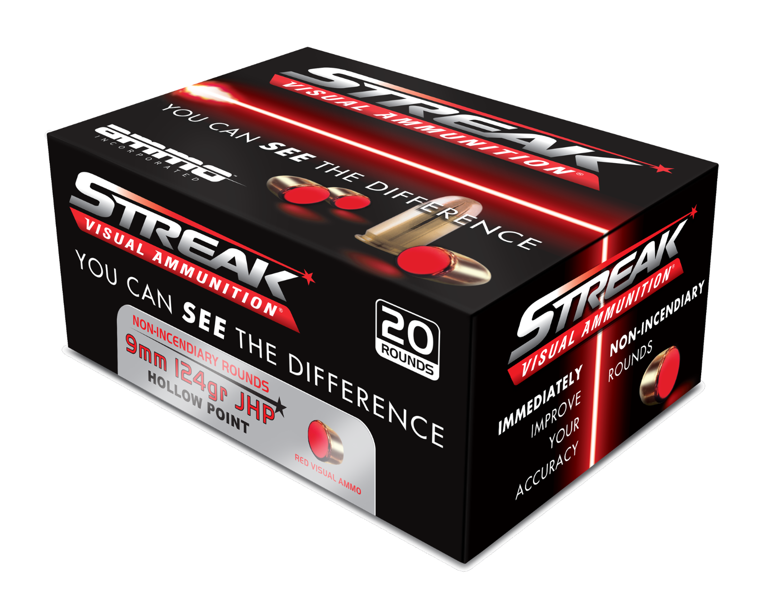 Ammo Inc STREAK Red 9mm Ammo 124 Grain JHP, 20rds - 9124JHP-STRK-RED - Ammo Inc