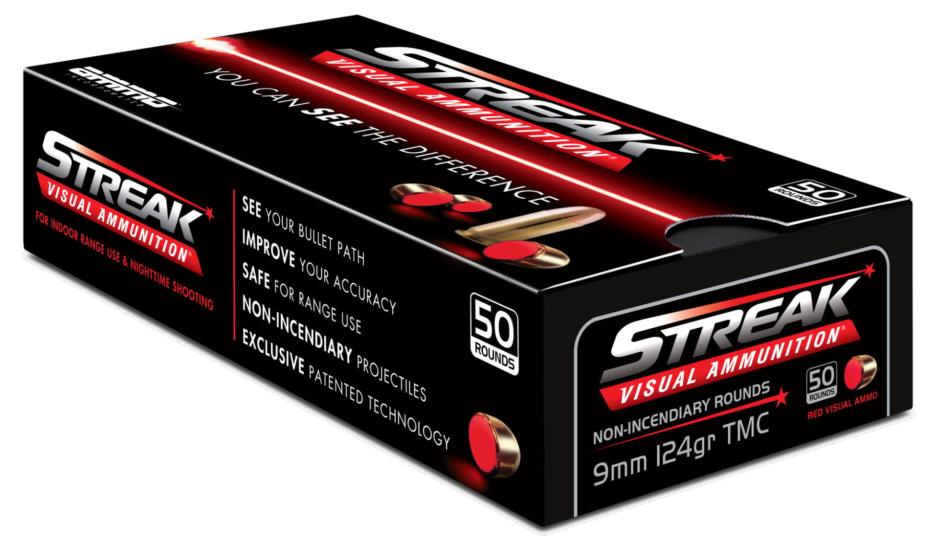 Ammo Inc STREAK Red 9mm Ammo 124 Grain TMC, 50rds - Ammo Inc