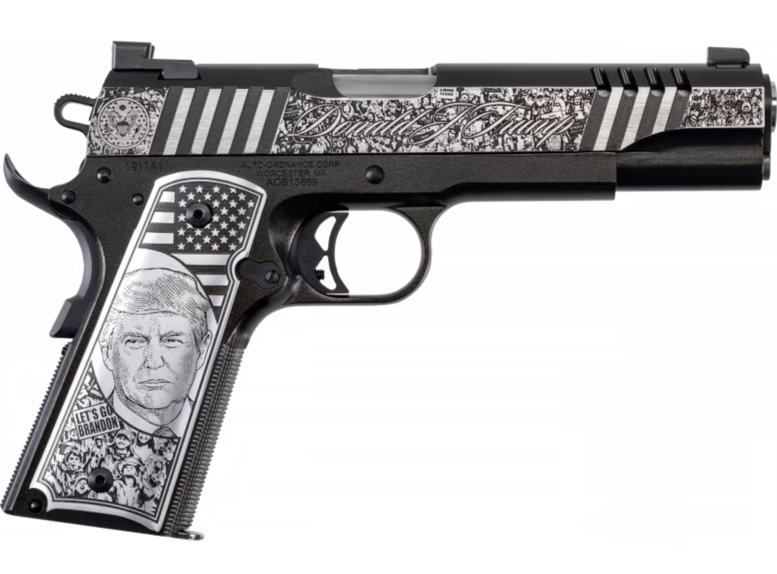Auto Ordnance 1911 "Trump Rally Cry" 5" 7rd .45 Pistol,  Stainless Steel - 1911TCAC12N - Auto Ordnance
