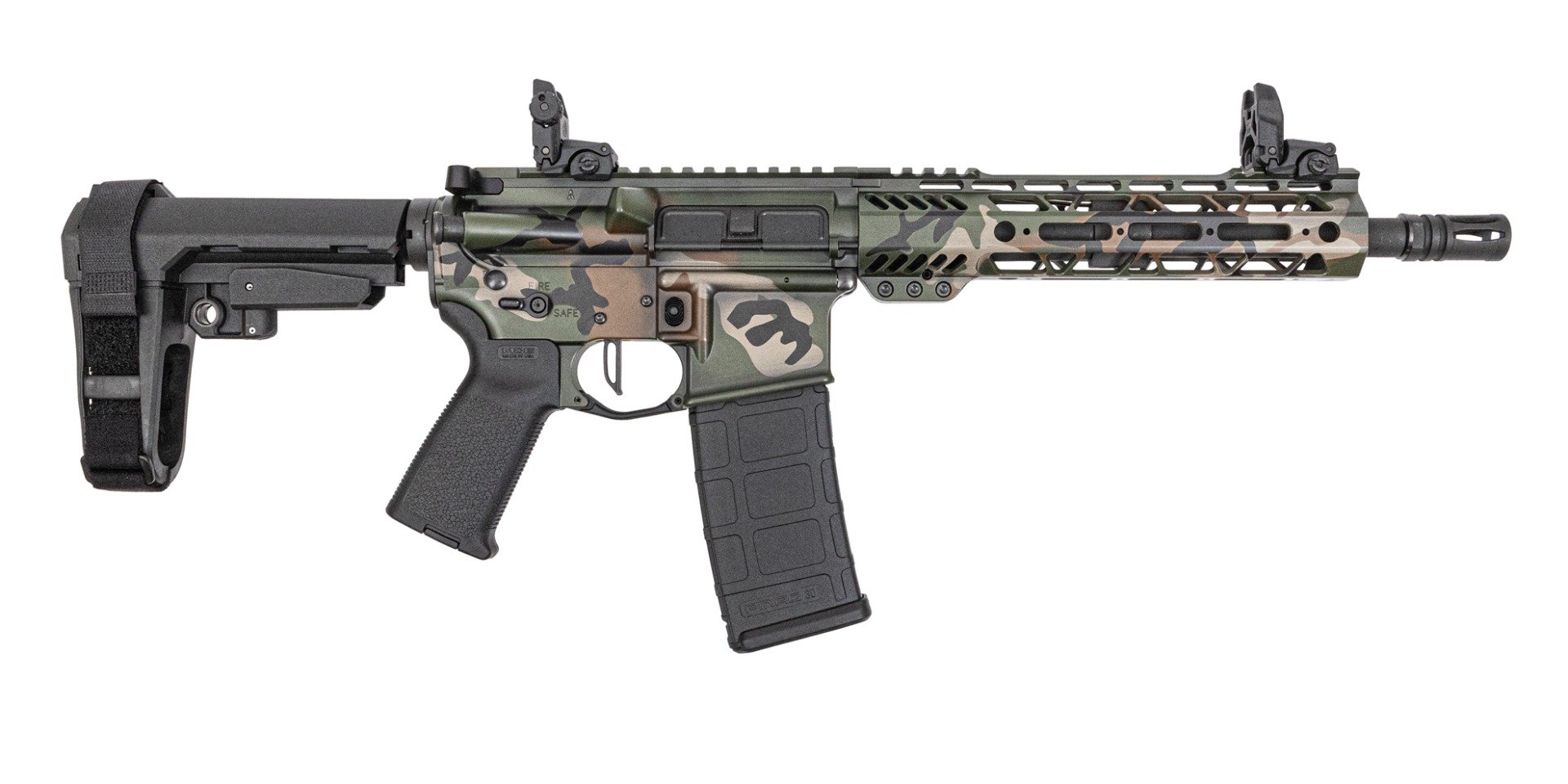BLEM PSA Custom 10.5" Pistol-Length 300AAC 1/8 Phos 9" MLOK Pistol, 3.5lb Flat FCG, Woodland Camo - Psa Custom