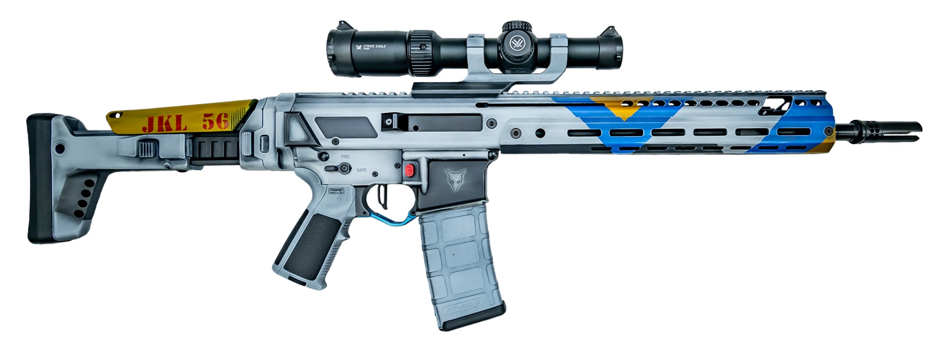 PSA Custom JAKL 14.5" Rifle length Upper Assembly 5.56 NATO 1:7 Nitride w/Knurled CH, BCG & WarComp, Blue Orange & White - Psa Custom
