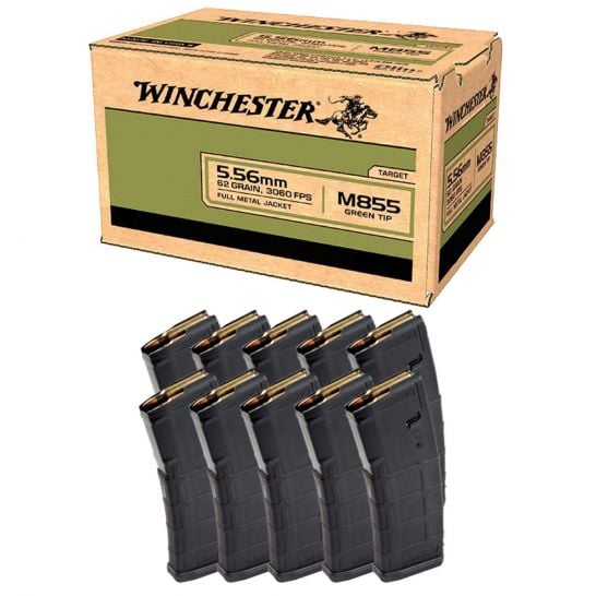 Winchester M855 62 Grain FMJ Green Tip 5.56x45 Ammo, 1000rds & 10 Magpul PMAG Gen 2 MOE 5.56x45 30rd Magazines - 
