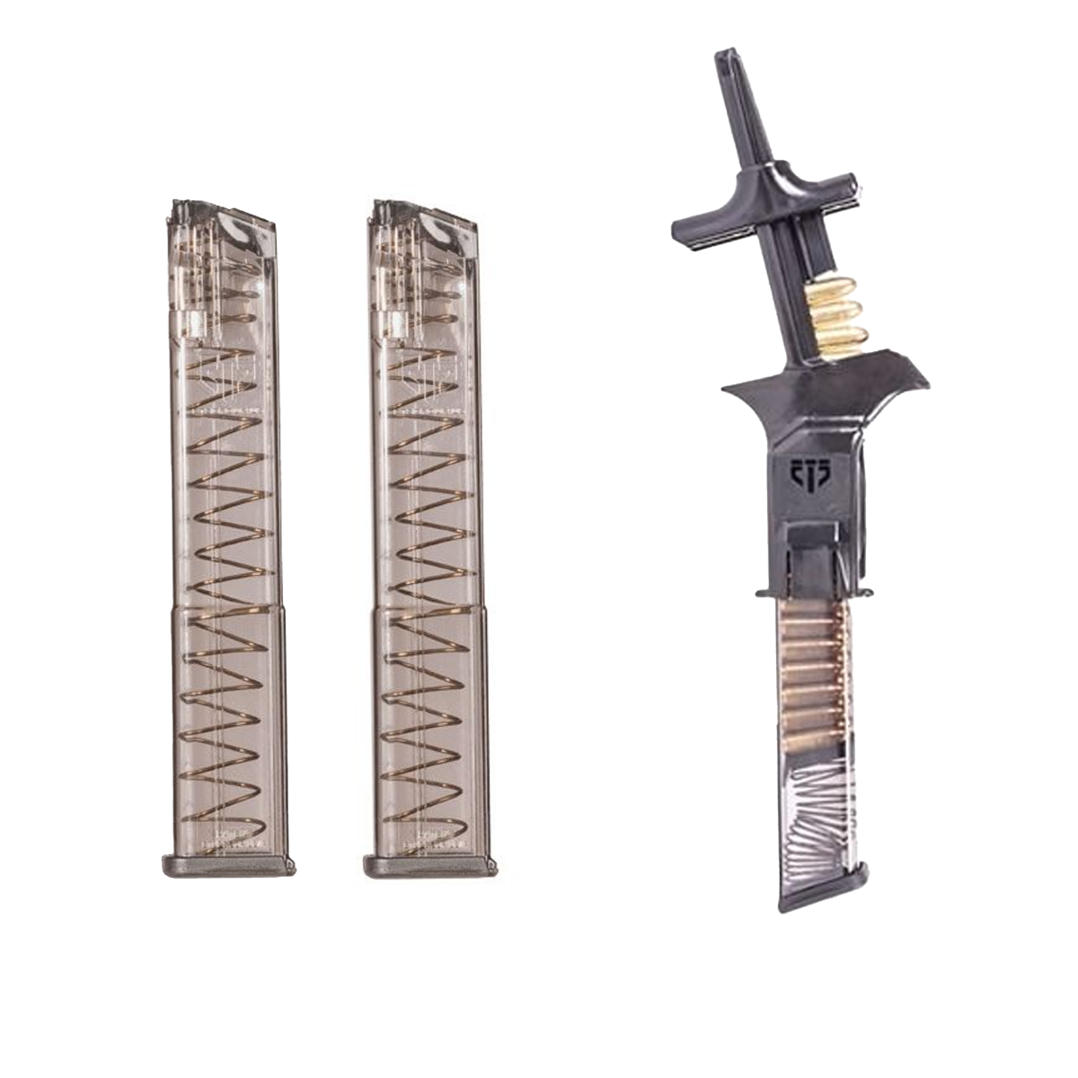 Two ETS 9mm 32 Round Gen2 Glock Magazines & ETS Universal Pistol Magazine Loader - 